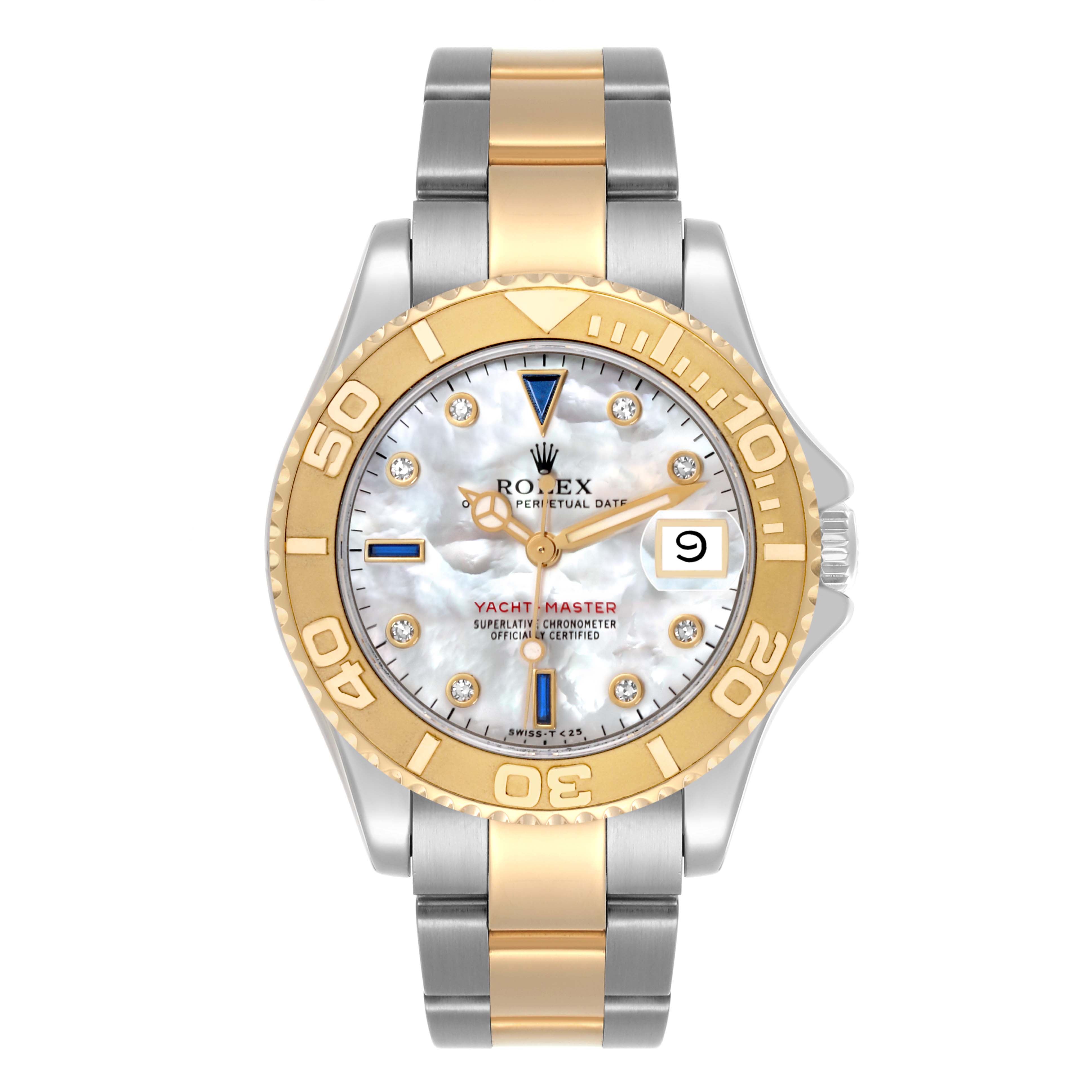 The Rolex Yacht-Master 68623 Men's Steel and Gold (two tone) Mother of Pearl Dial 68623 Men's Steel and Gold (two tone) Mother of Pearl Dial watch is shown from a top-down angle, displaying its face, bezel, and bracelet.