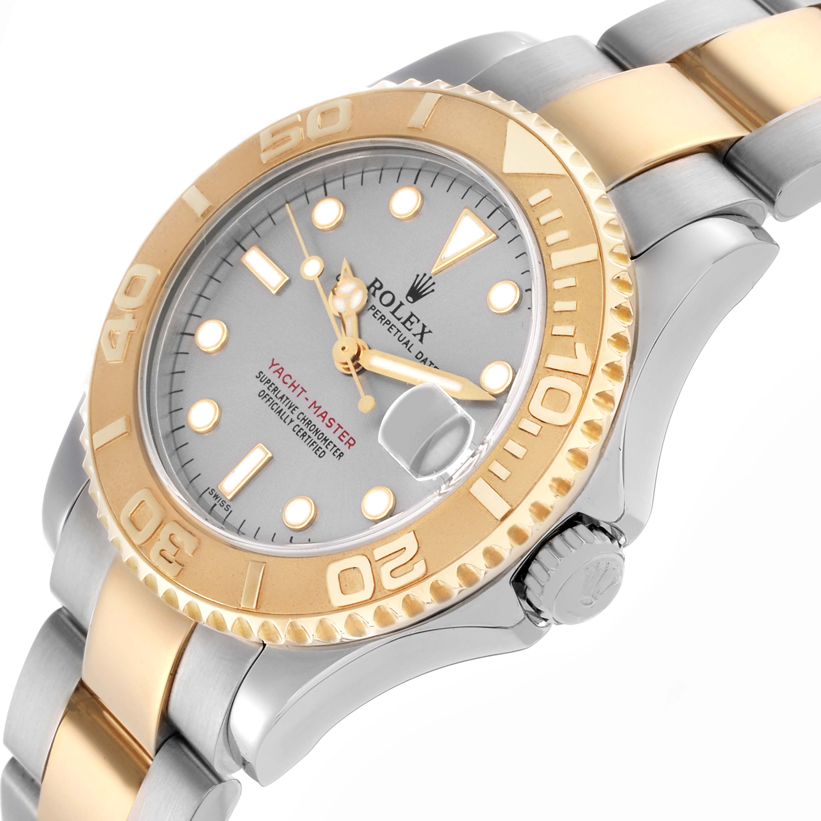 The Rolex Yacht-Master 68623 Men's Steel and Gold (two tone) Silver Dial 68623 Men's Steel and Gold (two tone) Silver Dial watch is shown at a slight angle, highlighting the bezel, crown, bracelet, and face.