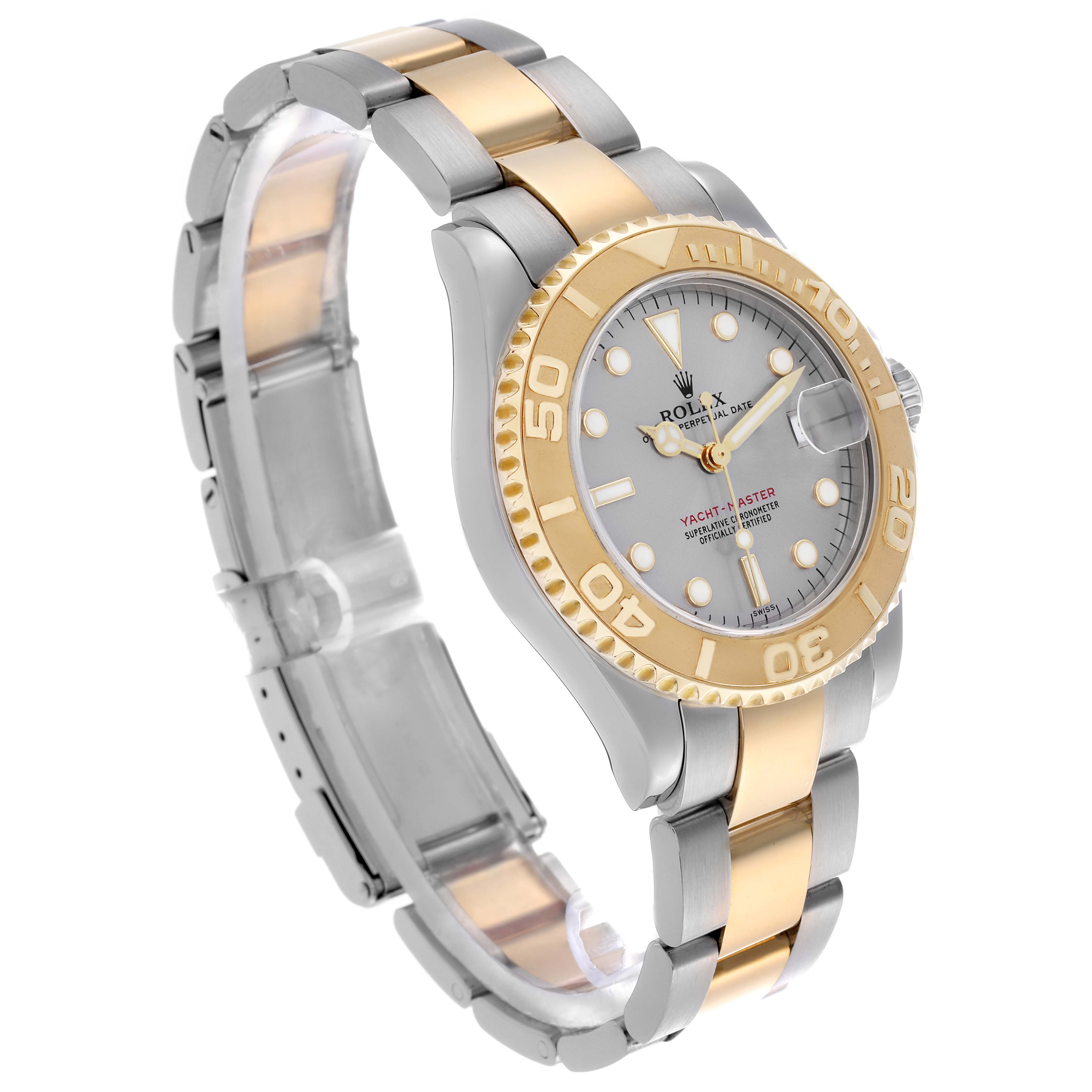 The Rolex Yacht-Master 68623 Men's Steel and Gold (two tone) Silver Dial 68623 Men's Steel and Gold (two tone) Silver Dial watch is shown at a three-quarter angle, displaying the bezel, dial, and two-tone bracelet.