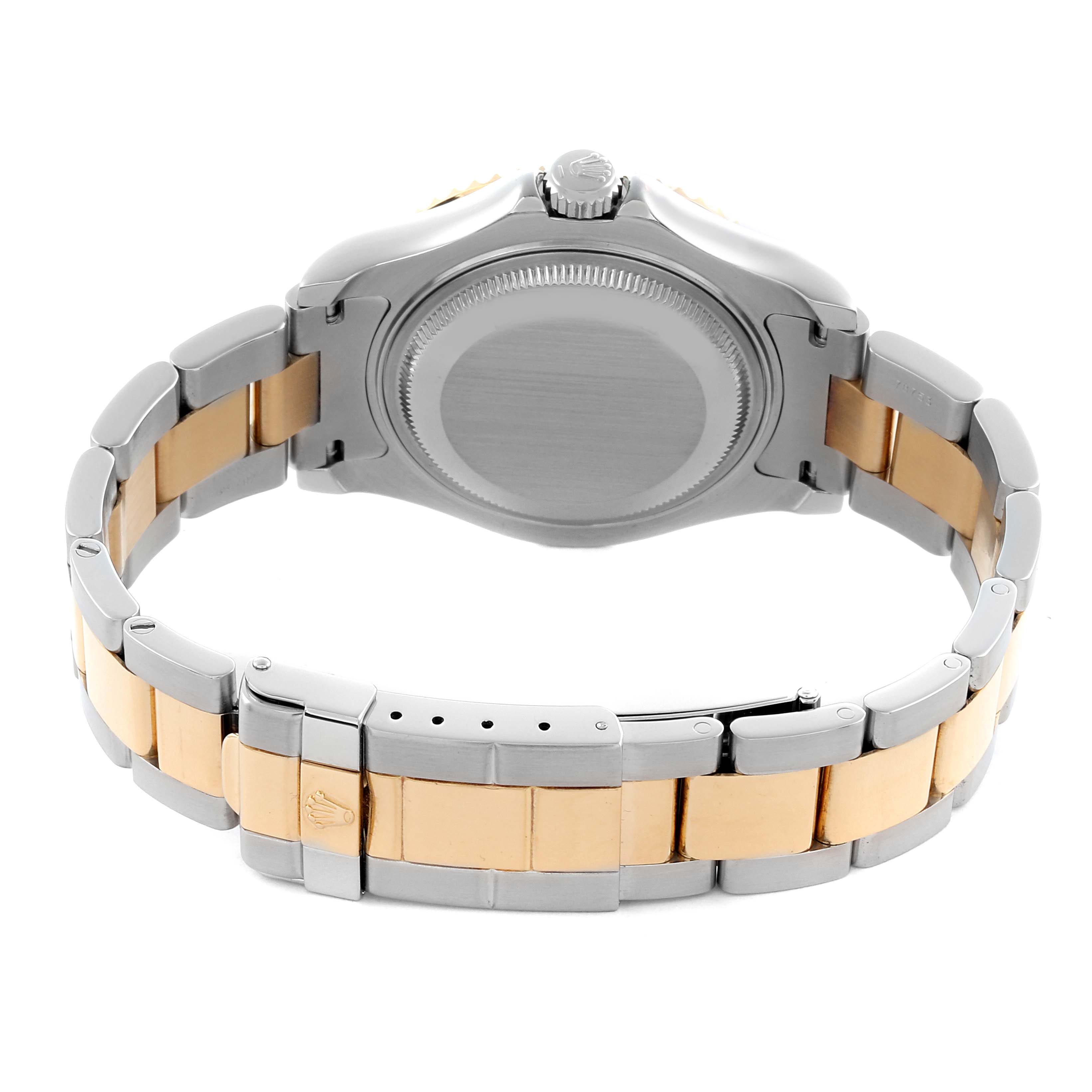 The image shows a Rolex Yacht-Master 68623 Men's Steel and Gold (two tone) Silver Dial 68623 Men's Steel and Gold (two tone) Silver Dial watch from the back, highlighting the case back, crown, and two-tone metal bracelet.