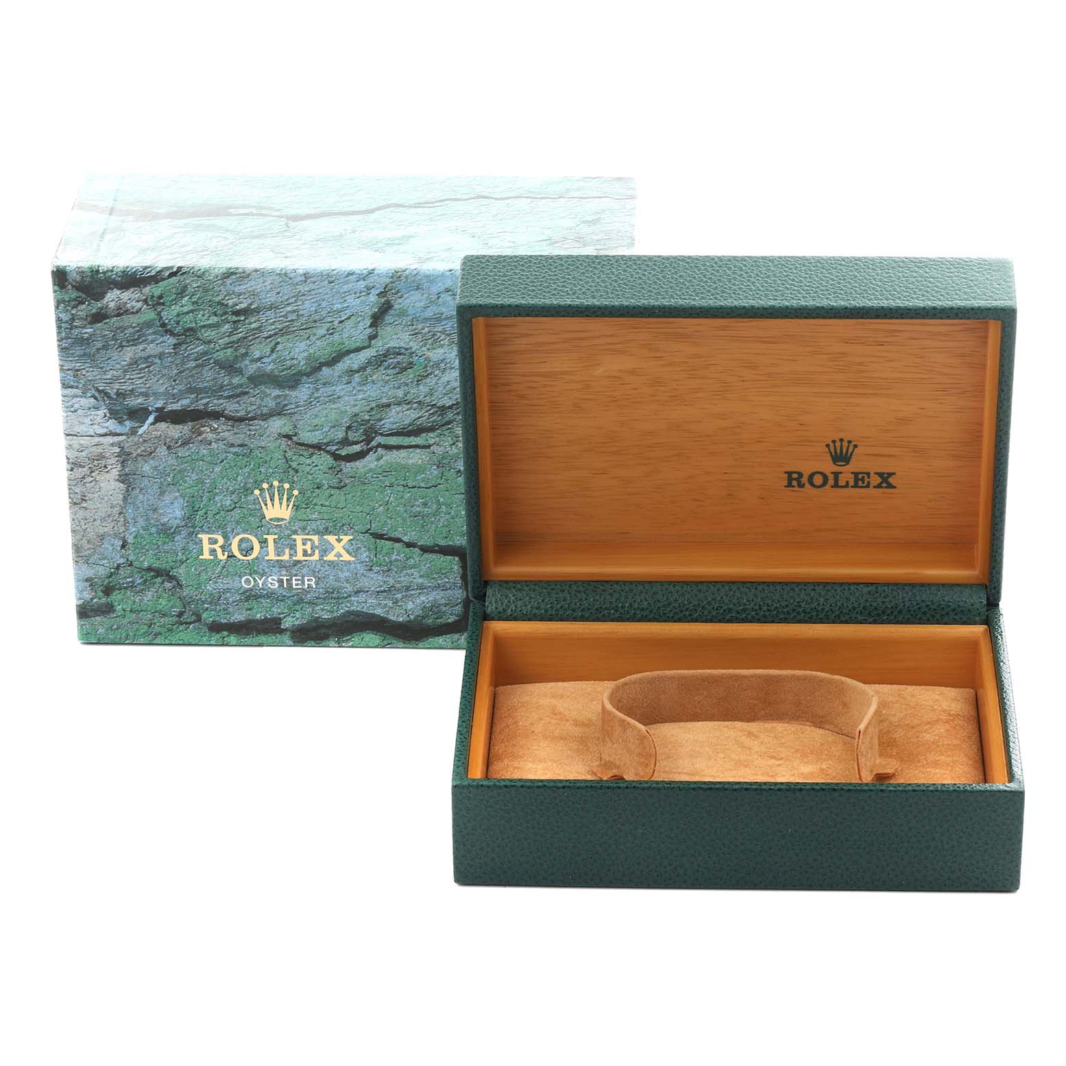 The image shows an open Rolex box with an interior display cushion for the Yacht-Master model.