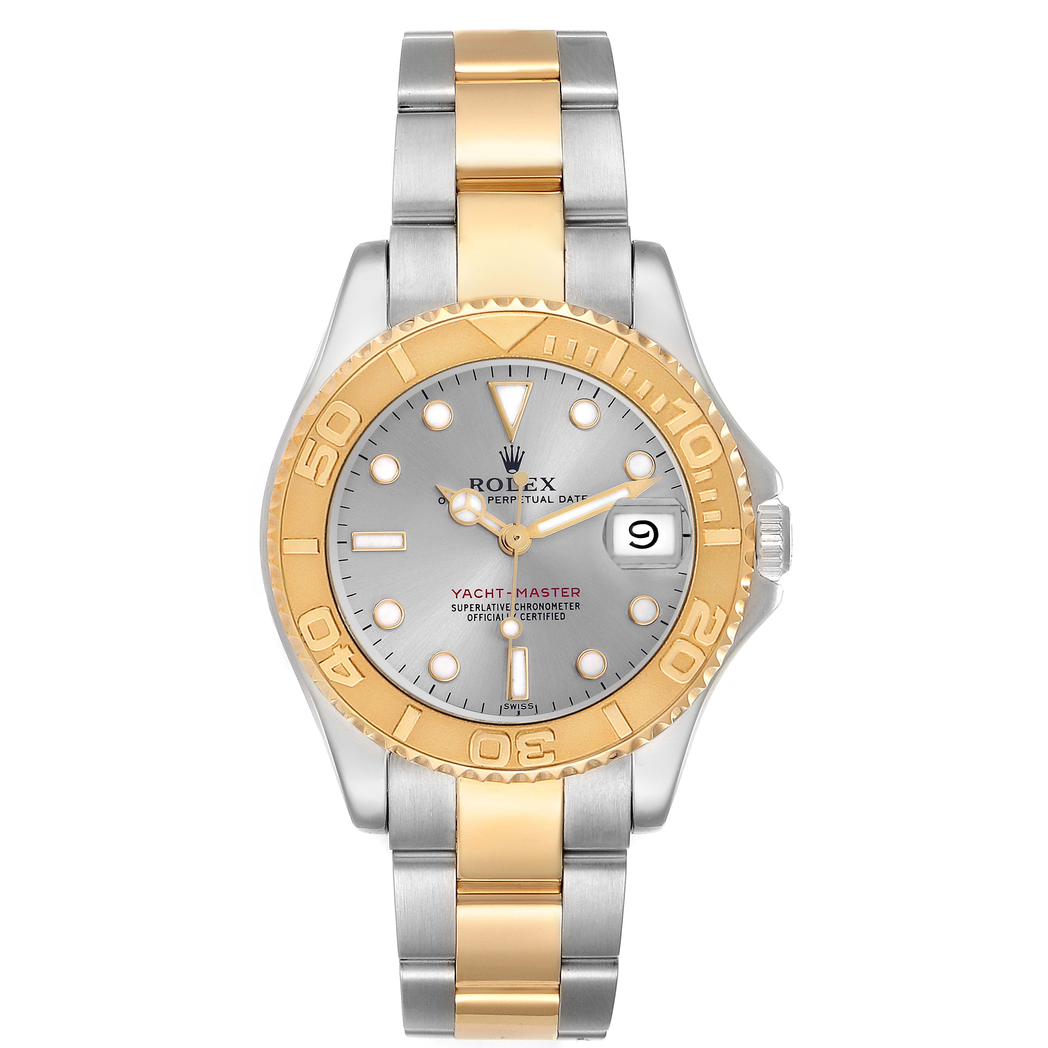 The image shows a frontal view of a Rolex Yacht-Master 68623 Men's Steel and Gold (two tone) Silver Dial 68623 Men's Steel and Gold (two tone) Silver Dial watch, highlighting its gold and silver bezel and bracelet.