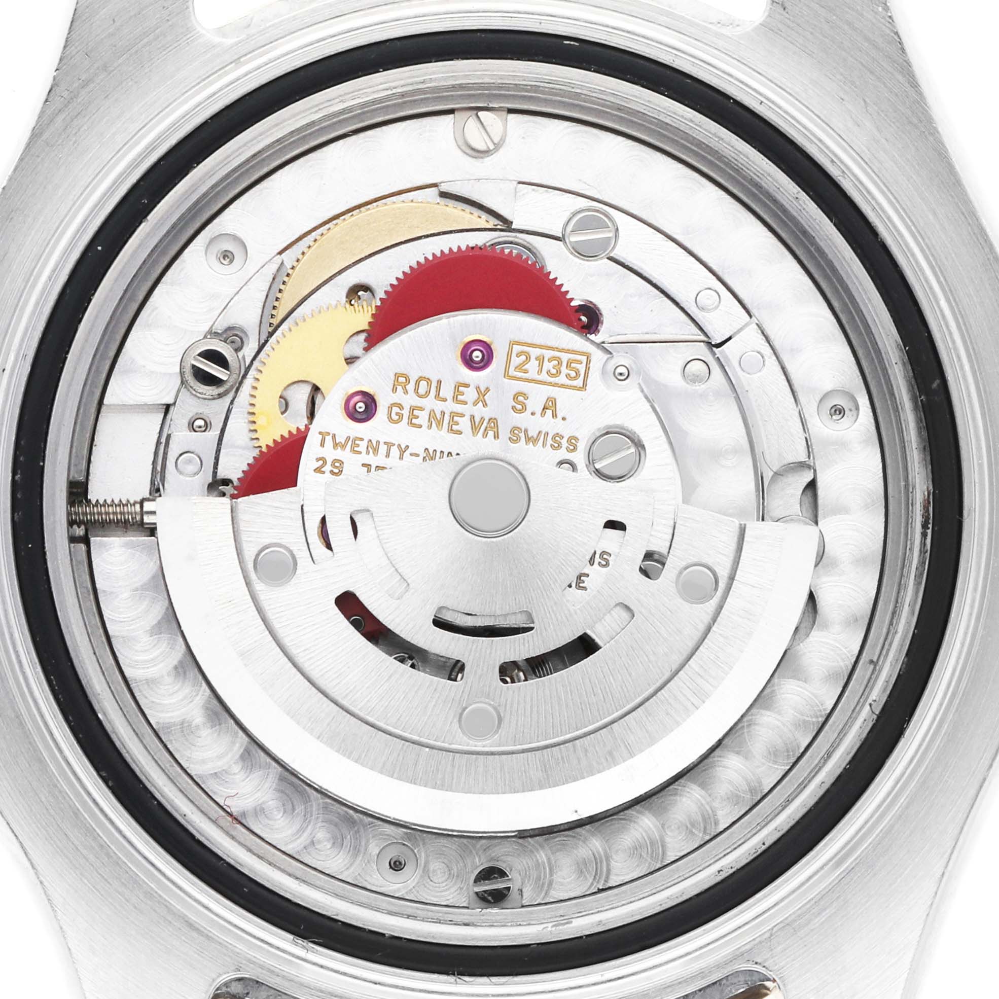 The image shows the internal movement of a Rolex Yacht-Master 68623 Men's Steel and Gold (two tone) Silver Dial 68623 Men's Steel and Gold (two tone) Silver Dial watch, viewed from the back, highlighting gears and rotor.