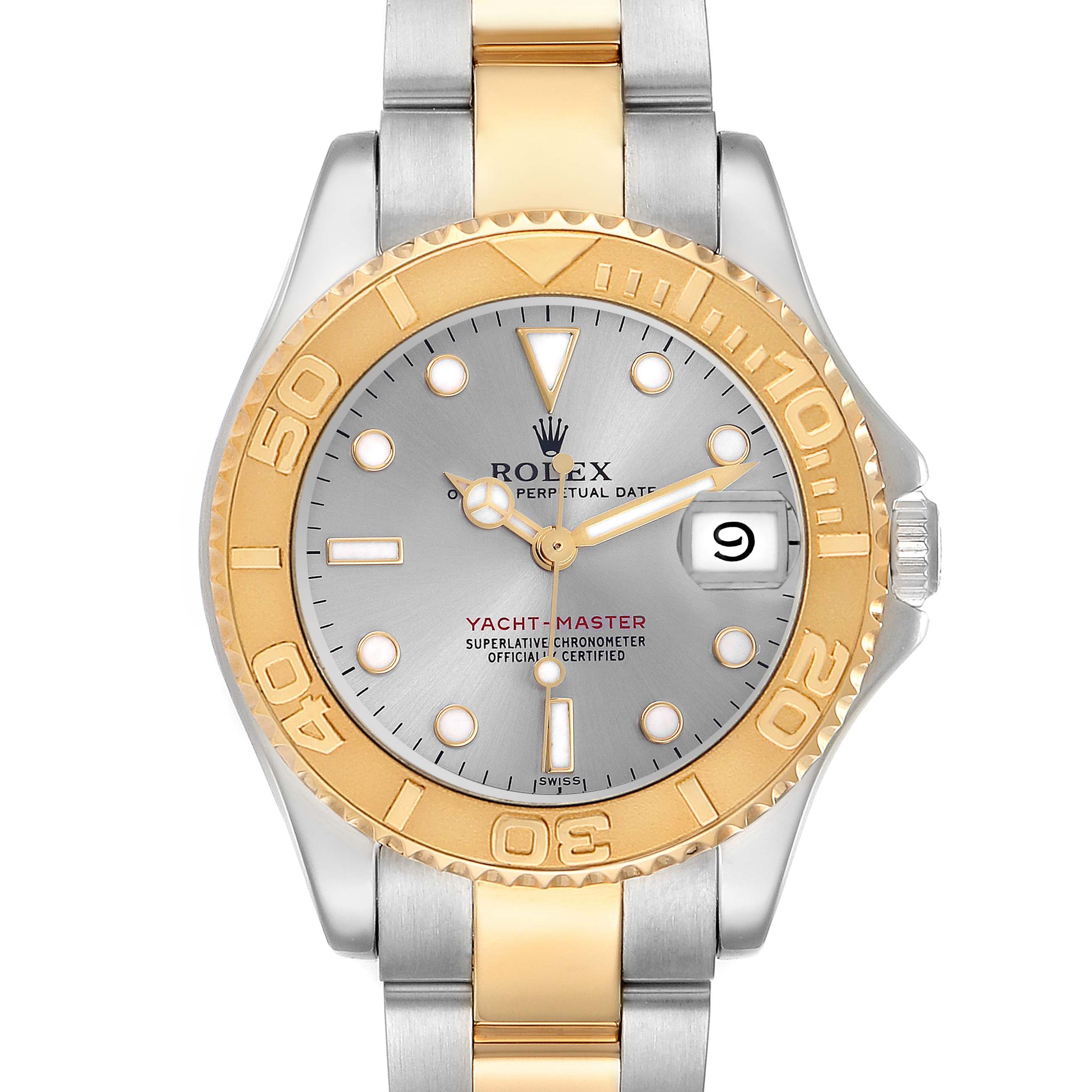 The Rolex Yacht-Master 68623 Men's Steel and Gold (two tone) Silver Dial 68623 Men's Steel and Gold (two tone) Silver Dial watch is shown from a top-down angle, highlighting the dial, bezel, and bracelet.