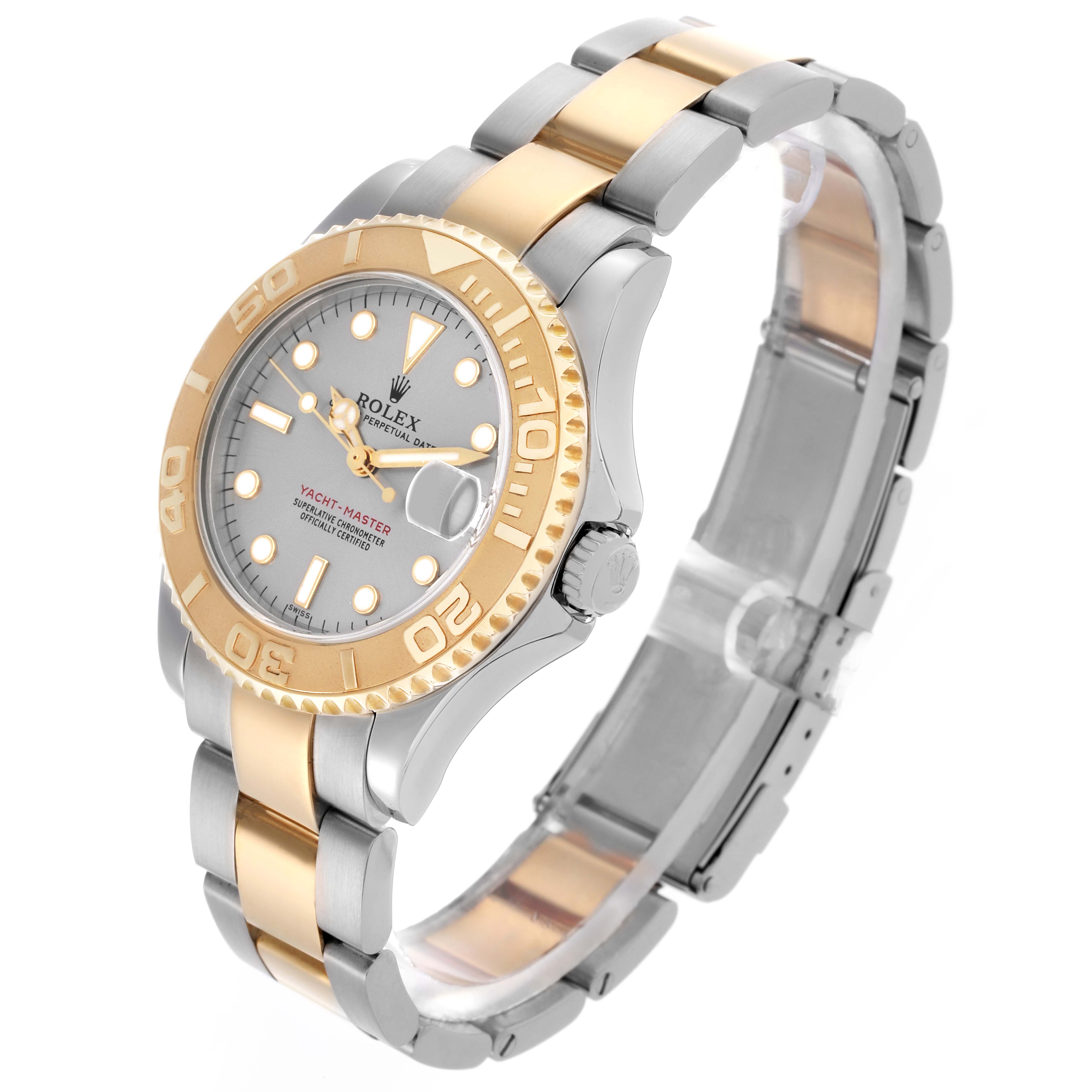 The Rolex Yacht-Master 68623 Men's Steel and Gold (two tone) Silver Dial 68623 Men's Steel and Gold (two tone) Silver Dial watch is shown at a three-quarter angle, highlighting the bezel, dial, and part of its bracelet.