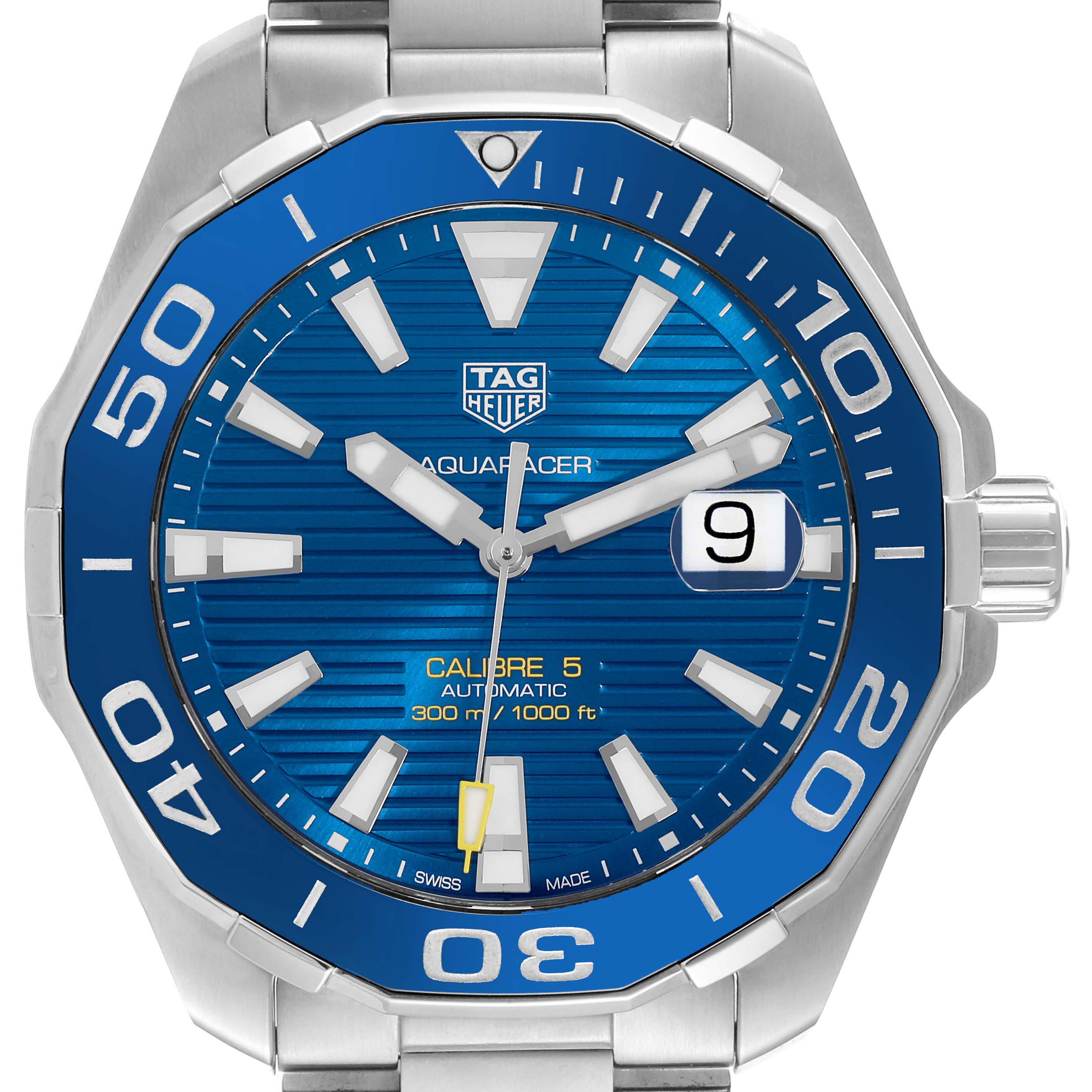 The Tag Heuer Aquaracer WAY201B.BA0927 Men's Stainless Steel Blue Dial WAY201B.BA0927 Men's Stainless Steel Blue Dial watch is shown from the front, displaying its blue dial, bezel, and metal bracelet.