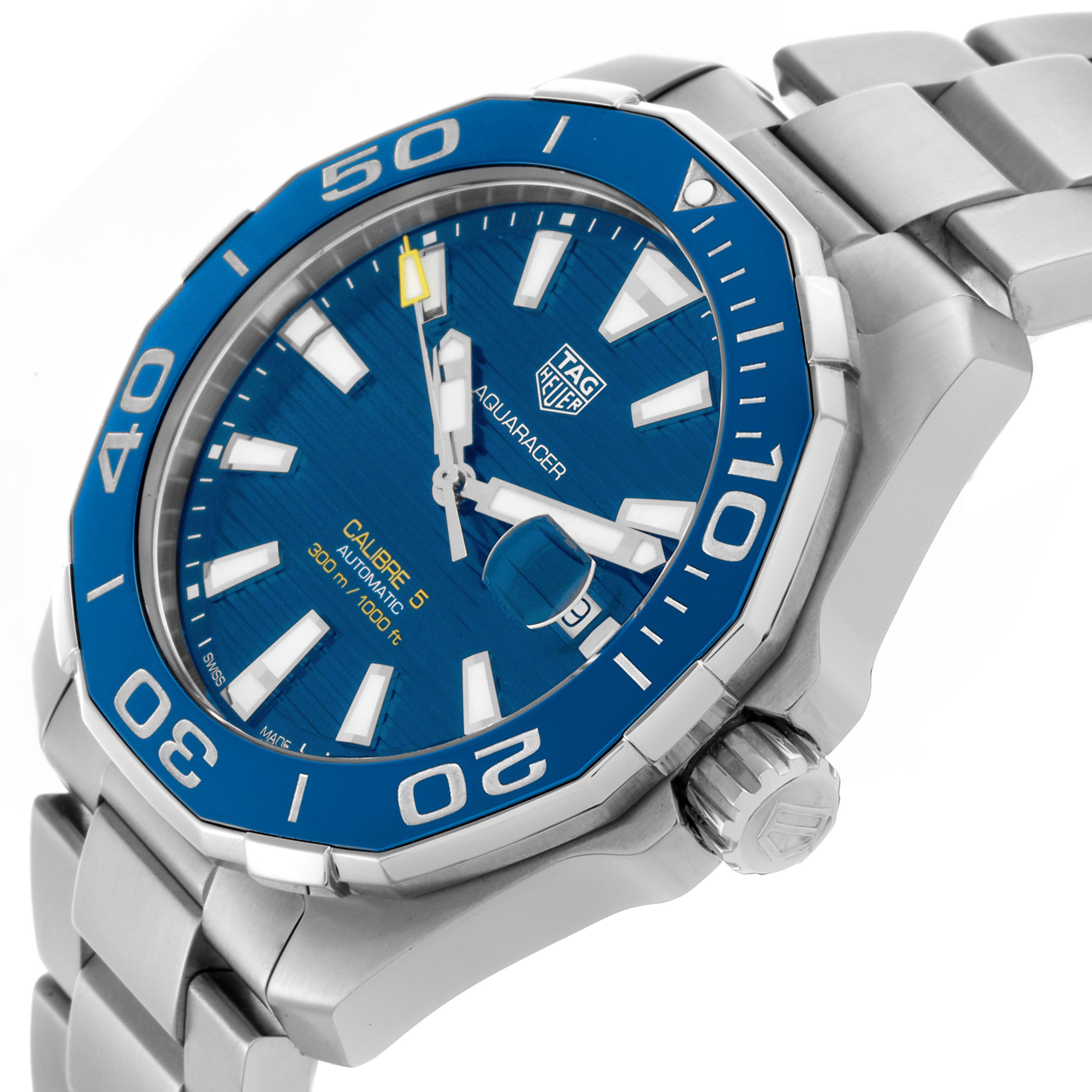 The Tag Heuer Aquaracer WAY201B.BA0927 Men's Stainless Steel Blue Dial WAY201B.BA0927 Men's Stainless Steel Blue Dial watch is shown at an angled front view, highlighting the bezel, dial, and part of the bracelet.