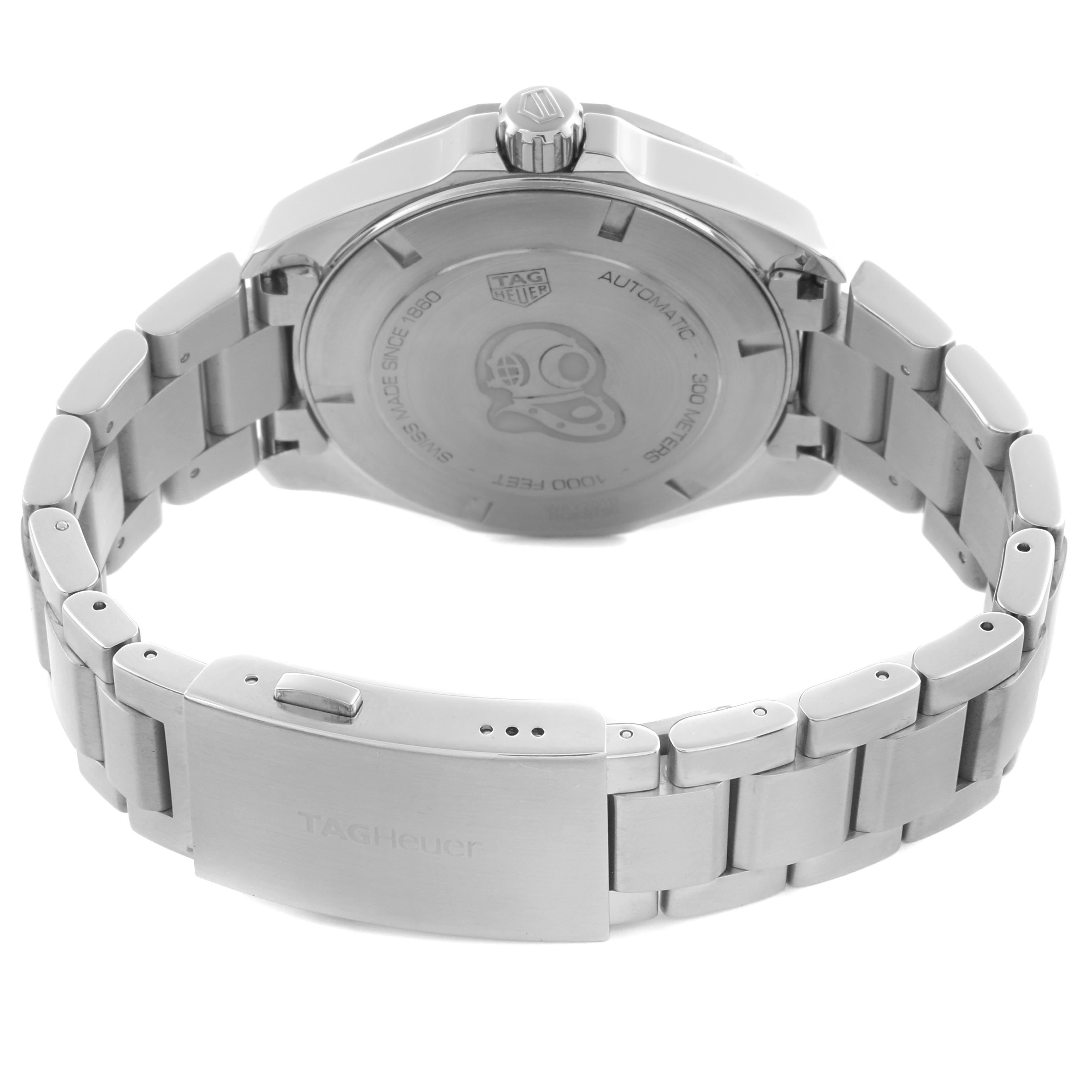 The image shows the back case and bracelet of the Tag Heuer Aquaracer WAY201B.BA0927 Men's Stainless Steel Blue Dial WAY201B.BA0927 Men's Stainless Steel Blue Dial, highlighting the clasp and crown.