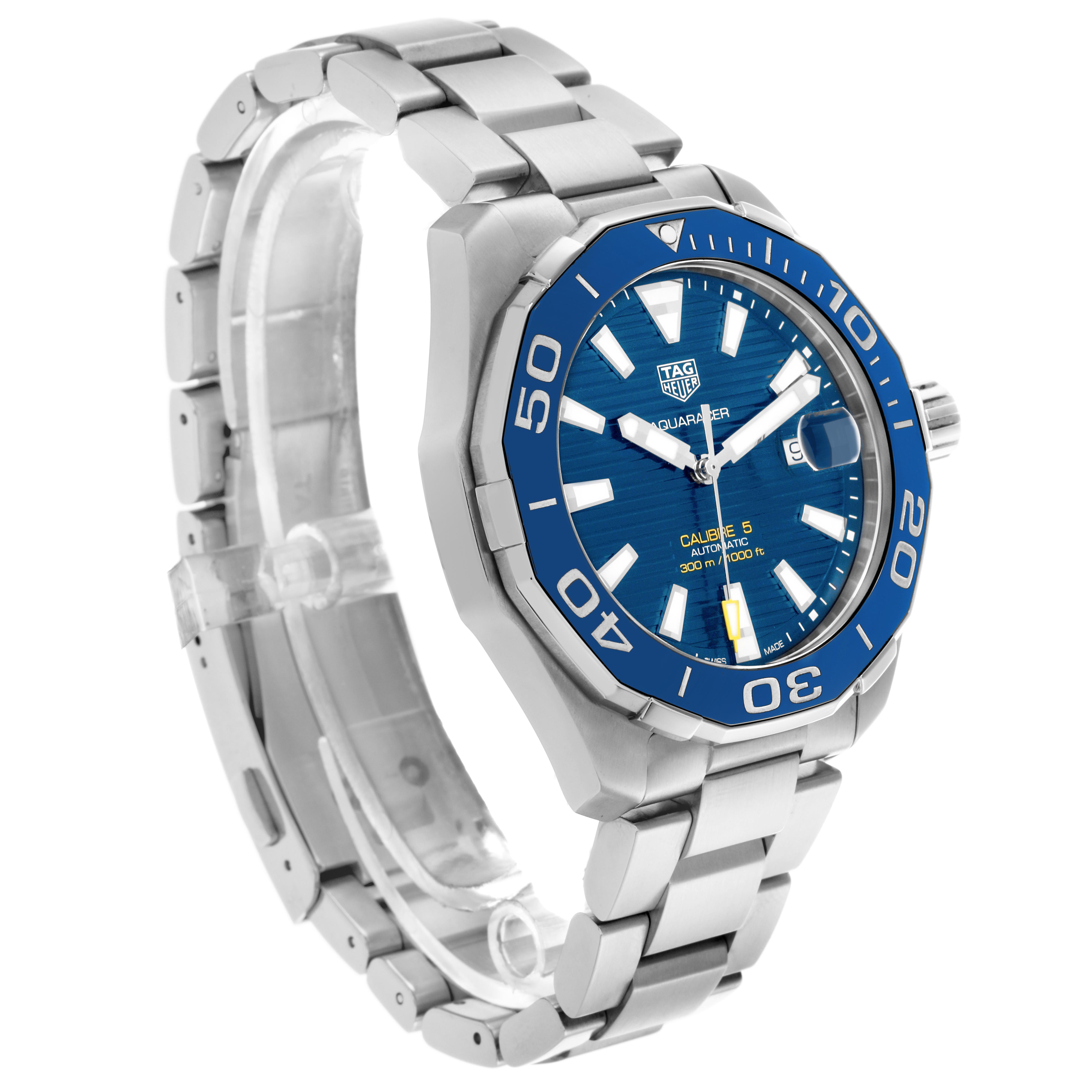 The Tag Heuer Aquaracer WAY201B.BA0927 Men's Stainless Steel Blue Dial WAY201B.BA0927 Men's Stainless Steel Blue Dial watch is shown at a three-quarter angle, displaying the face, bezel, bracelet, and crown.