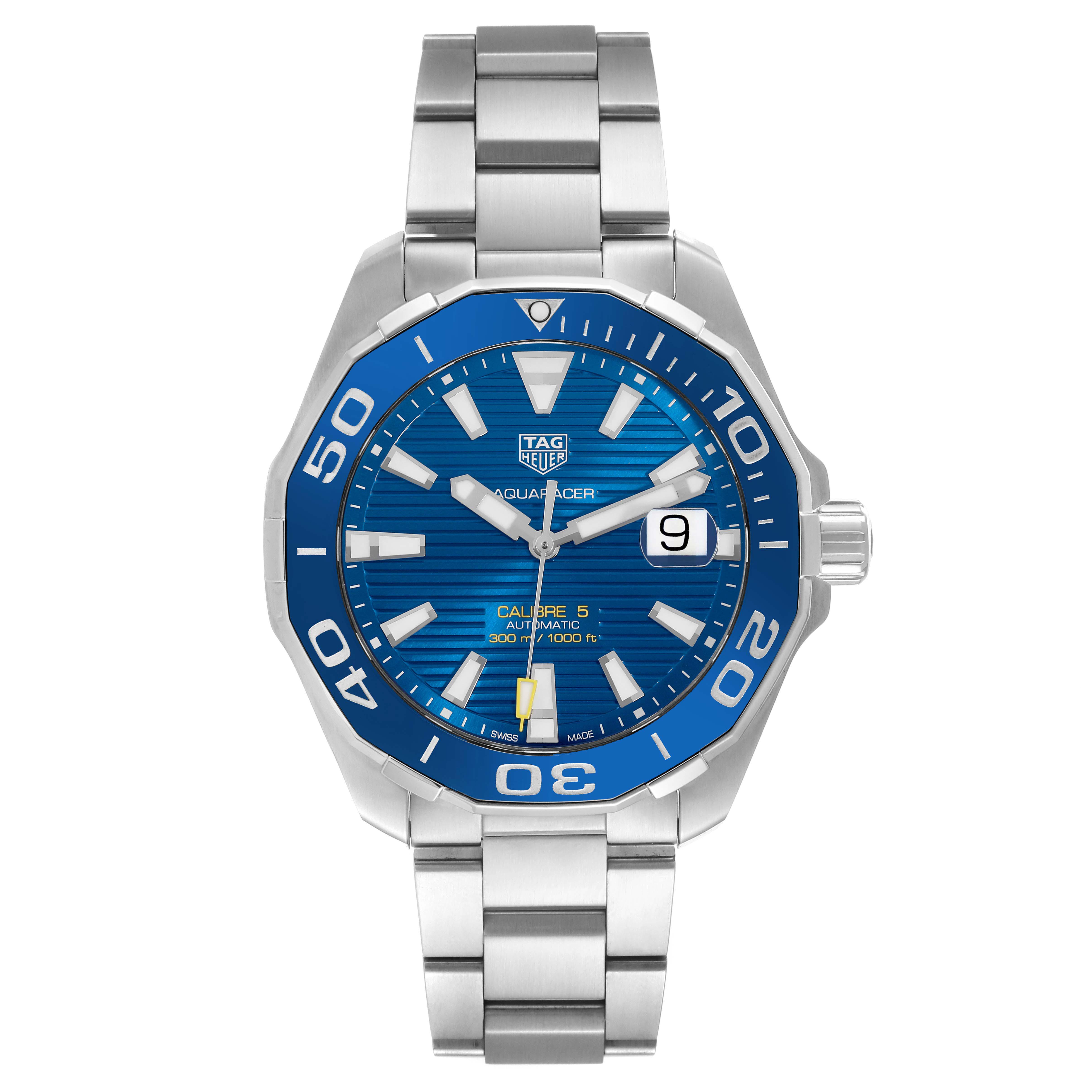 The Tag Heuer Aquaracer WAY201B.BA0927 Men's Stainless Steel Blue Dial WAY201B.BA0927 Men's Stainless Steel Blue Dial model is shown from a front view, displaying the watch face, bezel, bracelet, and crown.