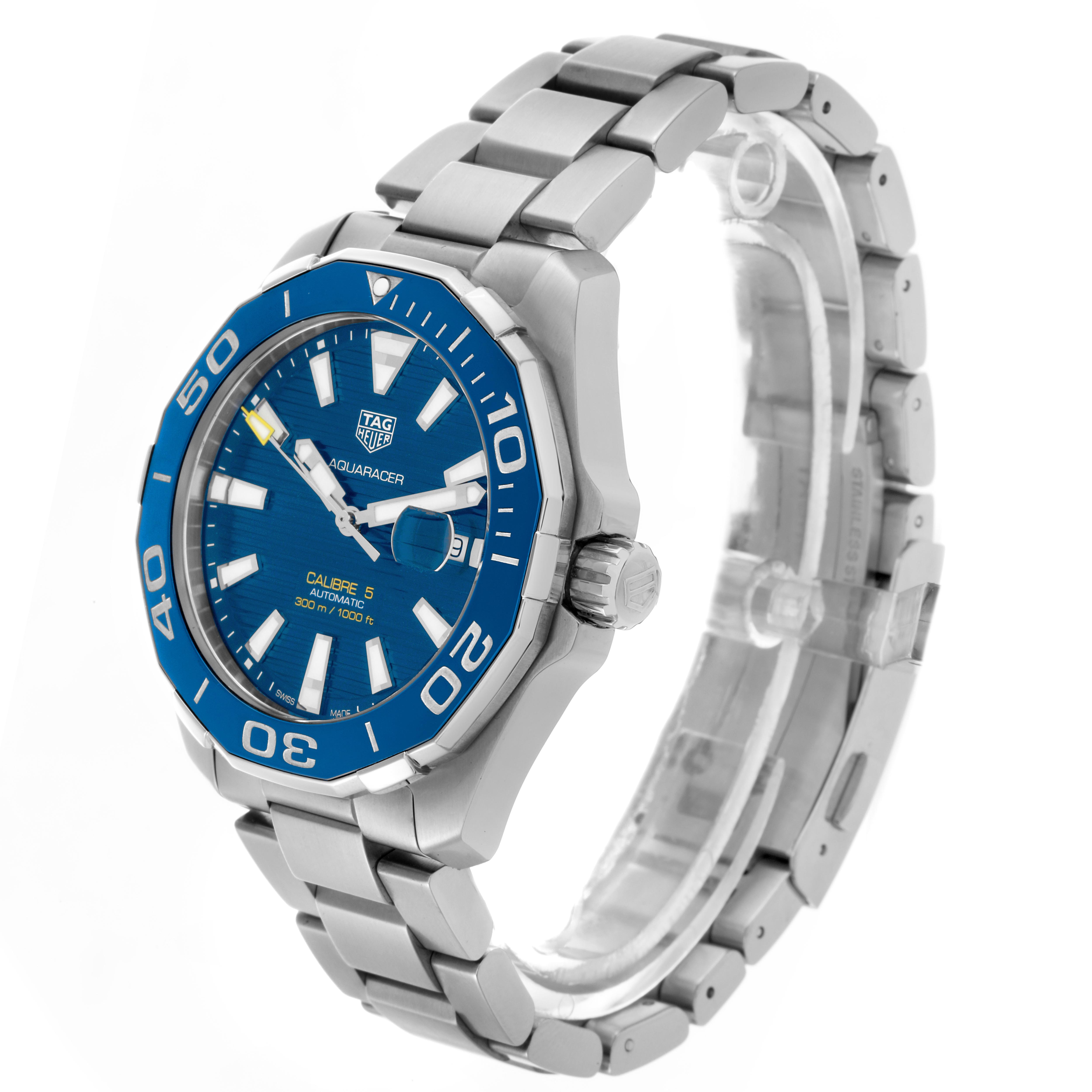 The Tag Heuer Aquaracer WAY201B.BA0927 Men's Stainless Steel Blue Dial WAY201B.BA0927 Men's Stainless Steel Blue Dial watch is shown at a three-quarter angle, highlighting the blue face, bezel, and metal bracelet.