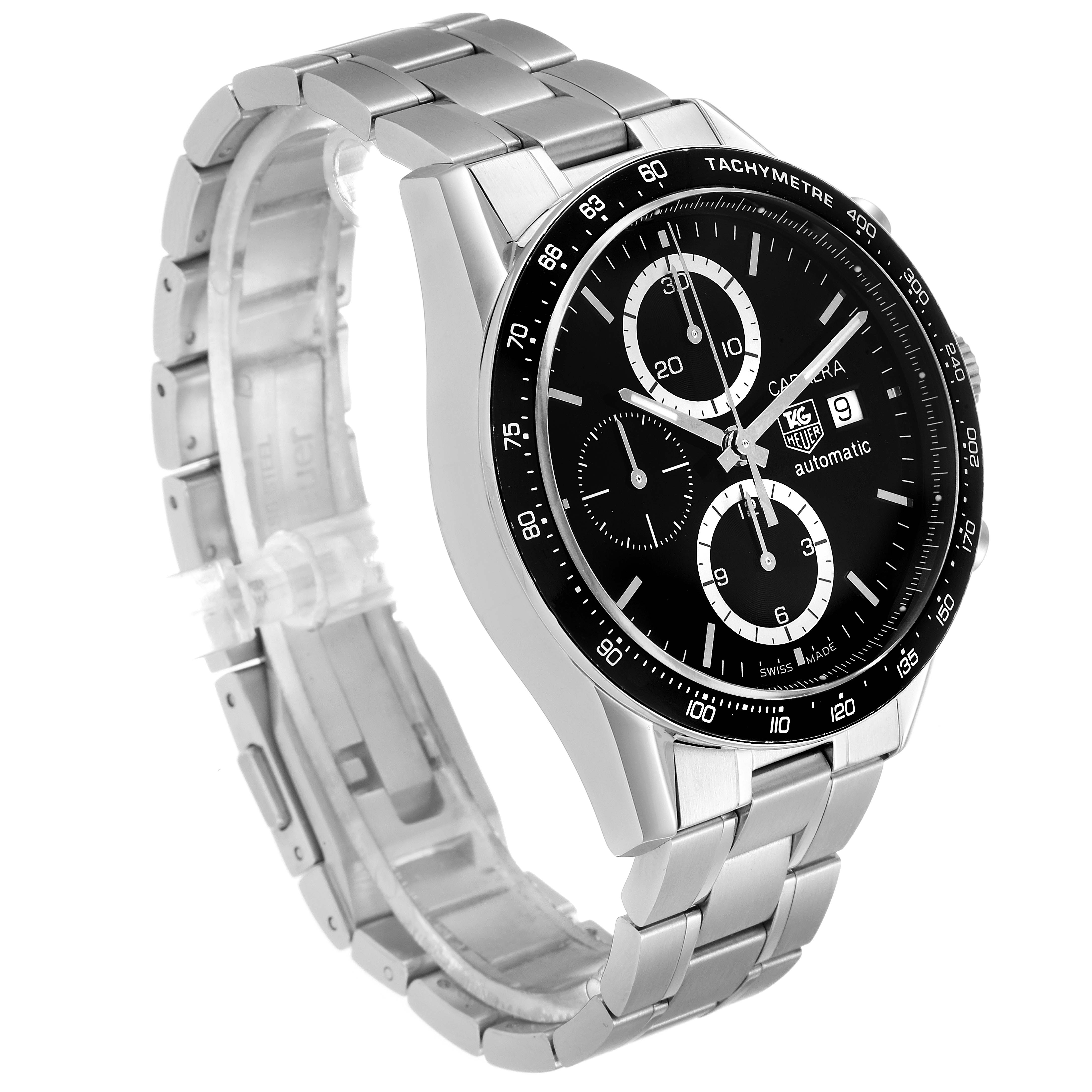 The image shows a Tag Heuer Carrera CV2010 Men
s Stainless Steel Black Dial CV2010 Men
s Stainless Steel Black Dial watch at an angled side view, highlighting the face, bezel, and part of the bracelet.