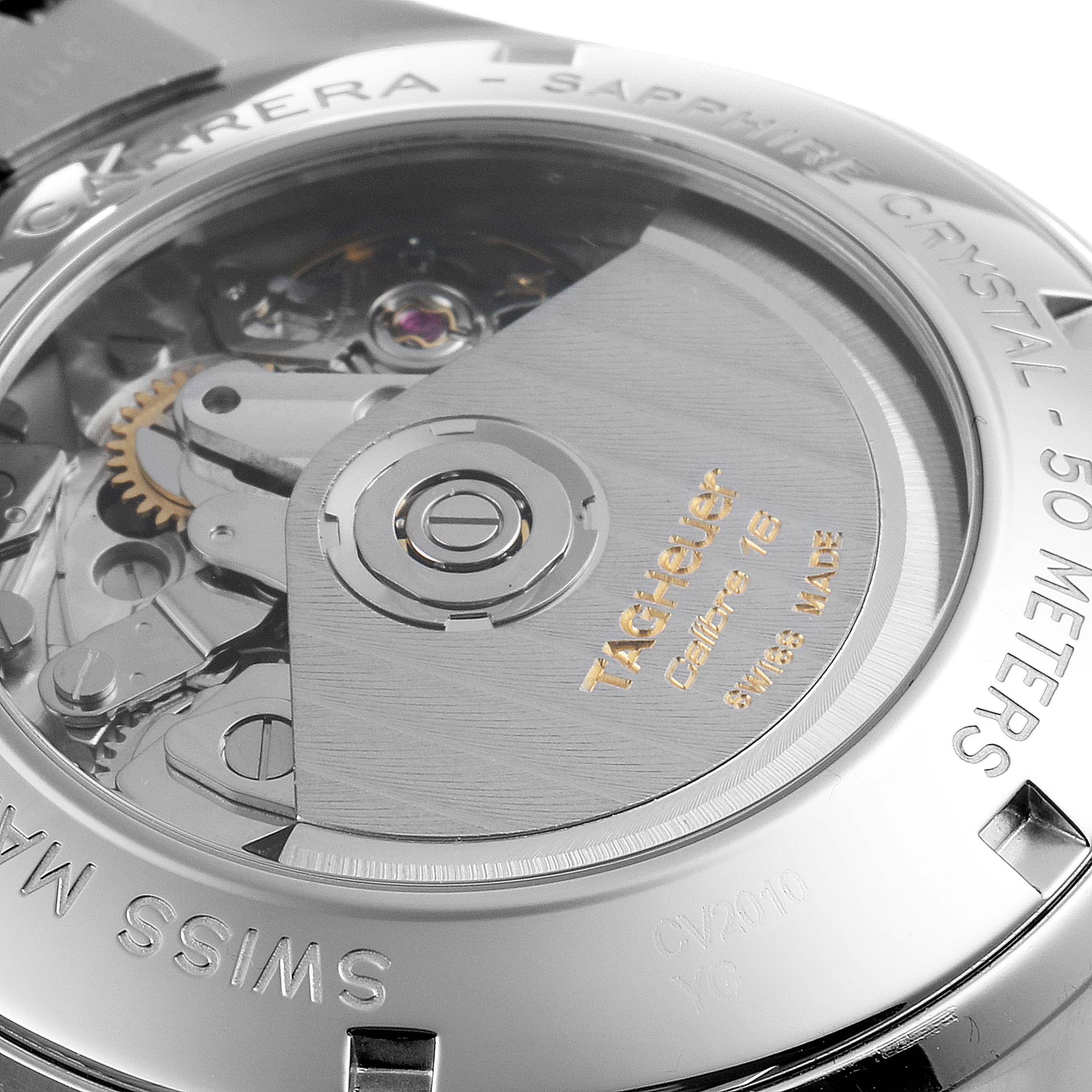 This image shows the back view of a Tag Heuer Carrera CV2010 Men
s Stainless Steel Black Dial CV2010 Men
s Stainless Steel Black Dial watch, focusing on its exposed movement and detailing.