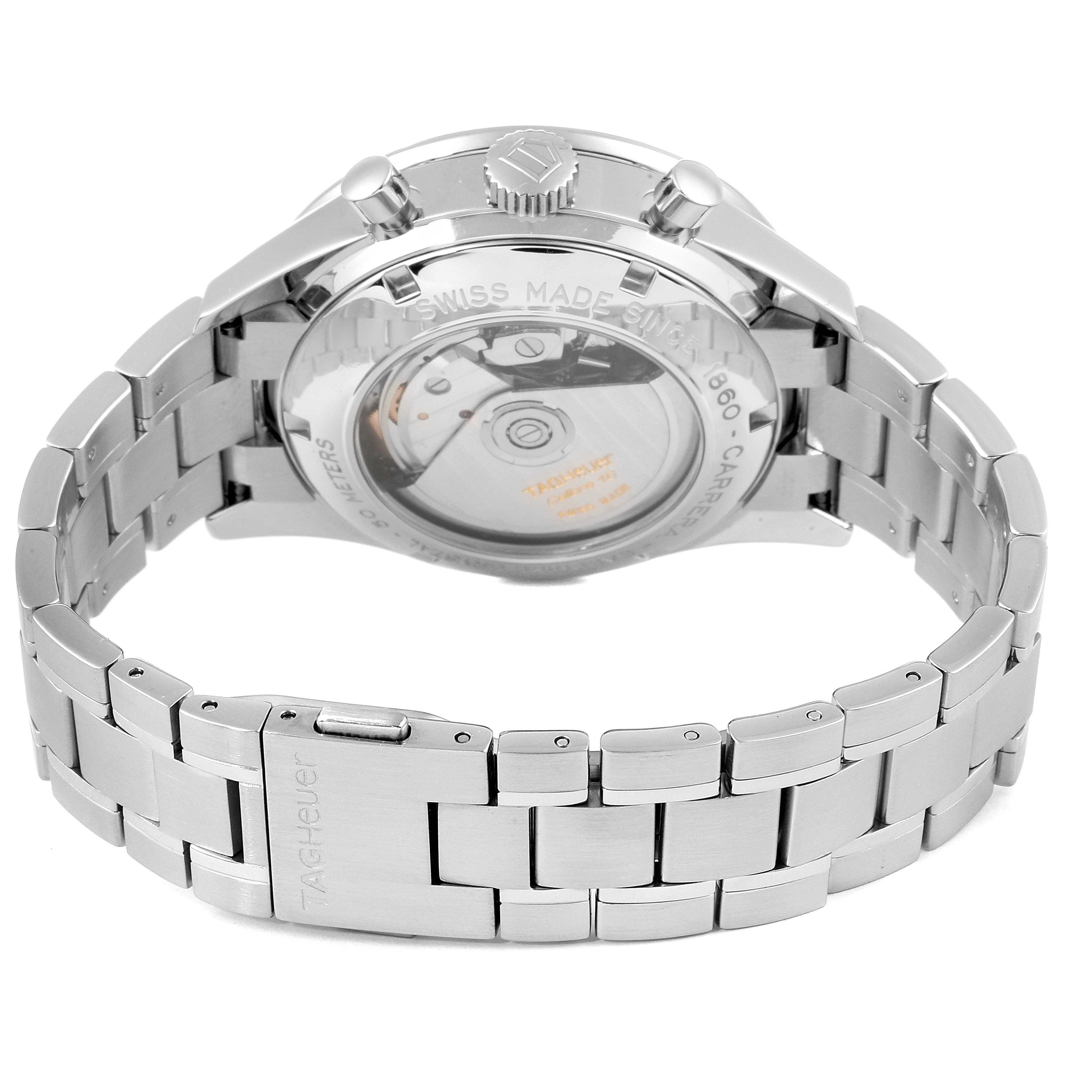 This image shows the back view of a Tag Heuer Carrera CV2010 Men
s Stainless Steel Black Dial CV2010 Men
s Stainless Steel Black Dial watch, highlighting the bracelet, clasp, crown, and caseback.