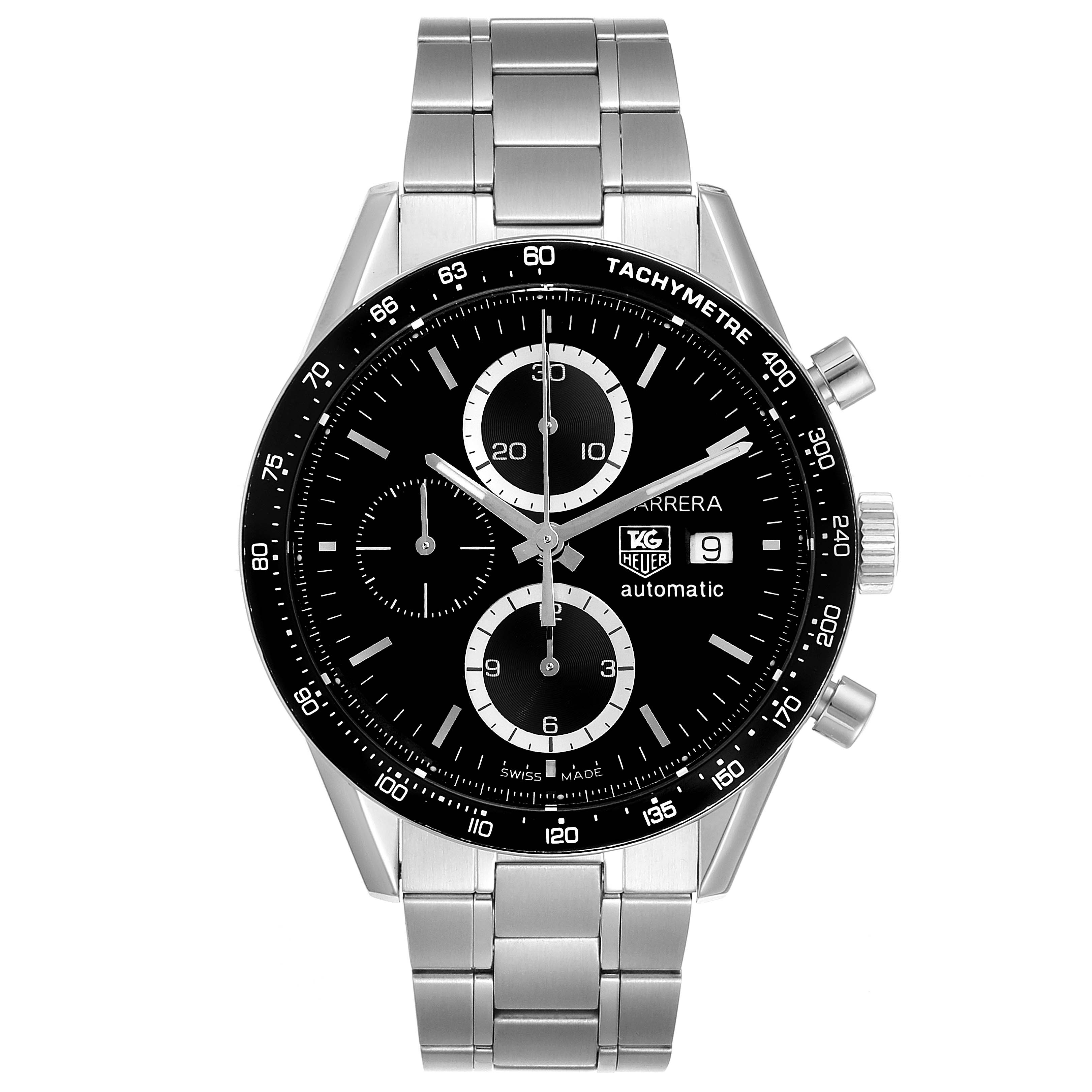 The image shows a front-view angle of the Tag Heuer Carrera CV2010 Men
s Stainless Steel Black Dial CV2010 Men
s Stainless Steel Black Dial watch, displaying its dial, bezel, and stainless steel bracelet.