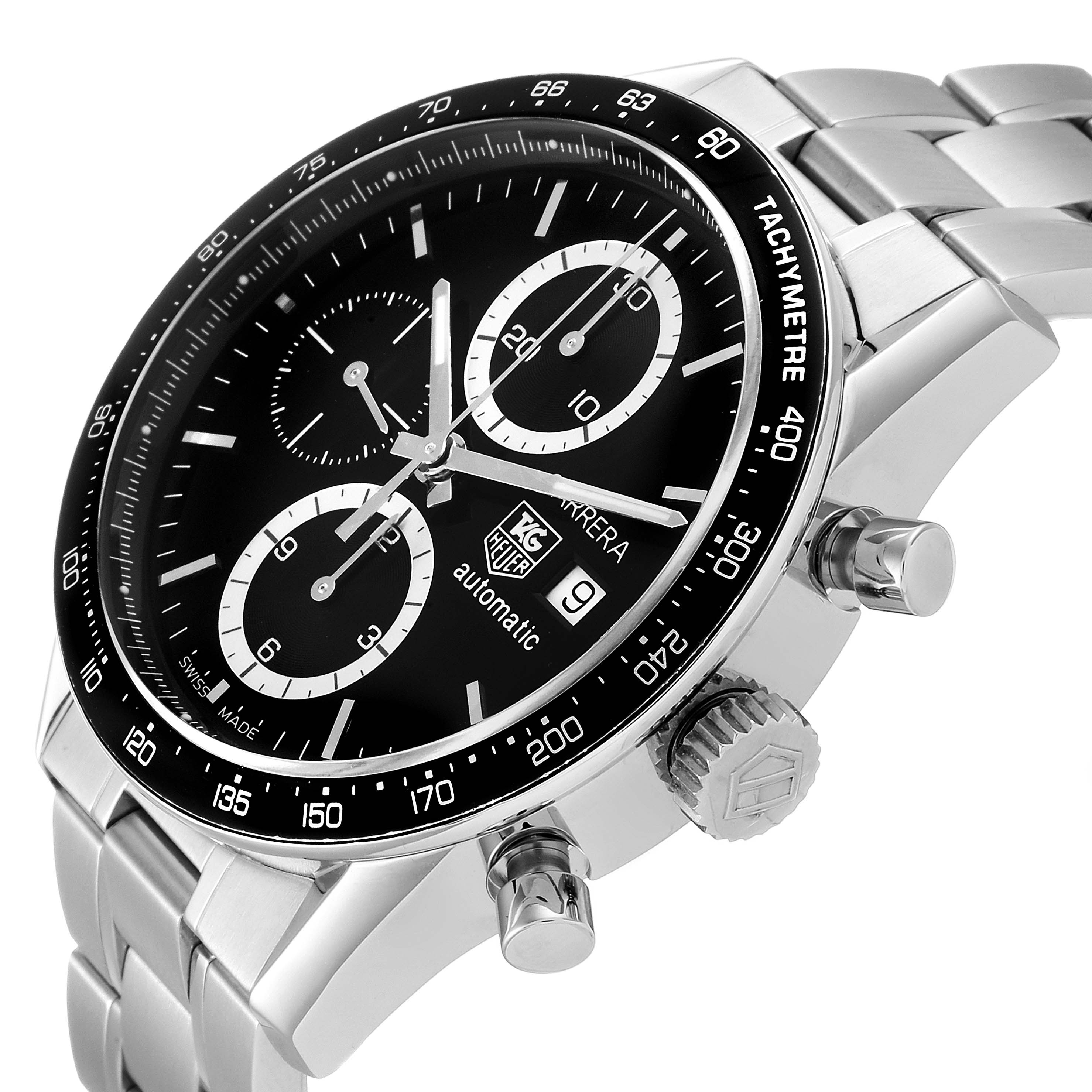 The image shows a Tag Heuer Carrera CV2010 Men
s Stainless Steel Black Dial CV2010 Men
s Stainless Steel Black Dial watch at an angle highlighting the dial, tachymeter bezel, and side buttons.