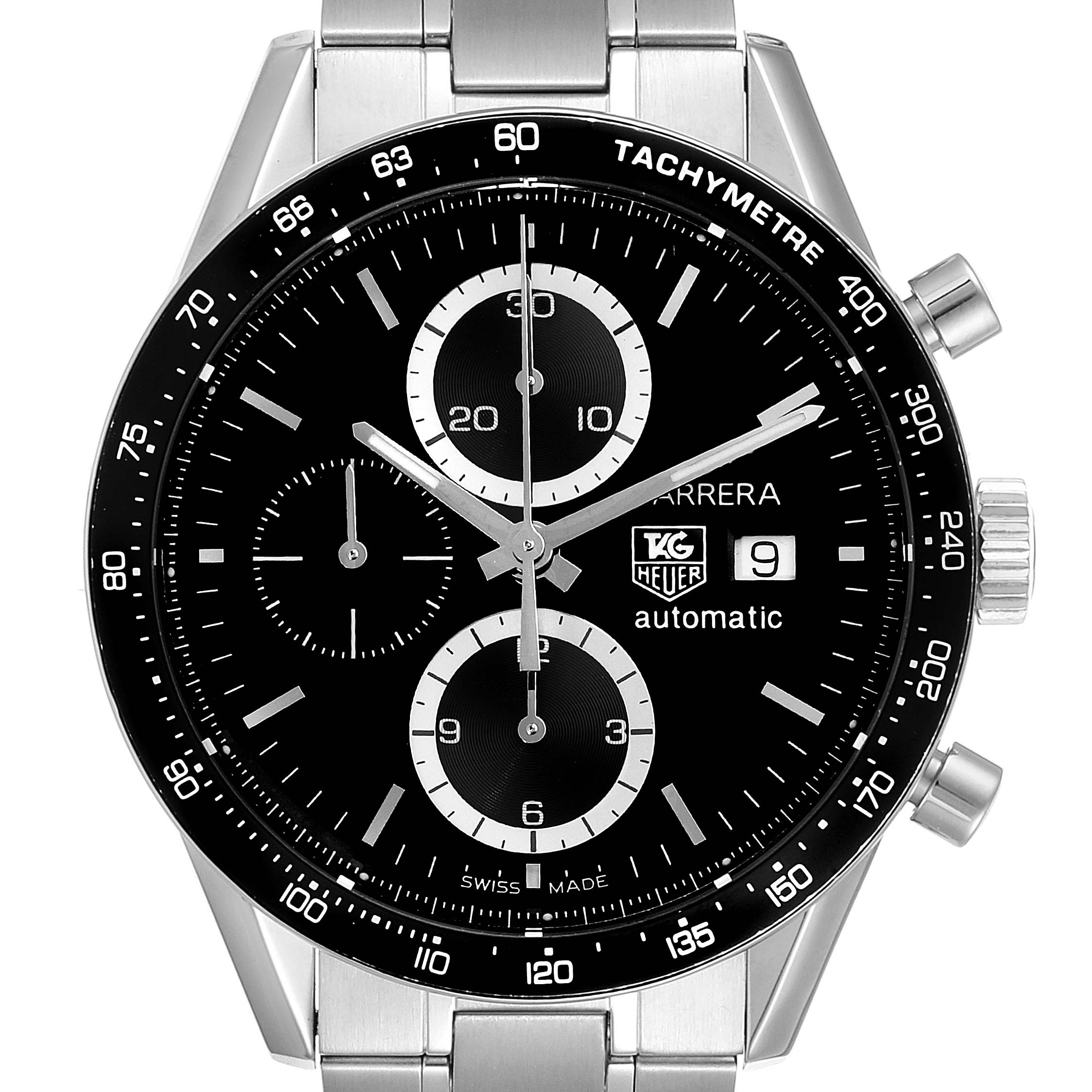 The Tag Heuer Carrera CV2010 Men
s Stainless Steel Black Dial CV2010 Men
s Stainless Steel Black Dial model watch is shown from the front, highlighting its black dial, chronograph sub-dials, and tachymeter bezel.