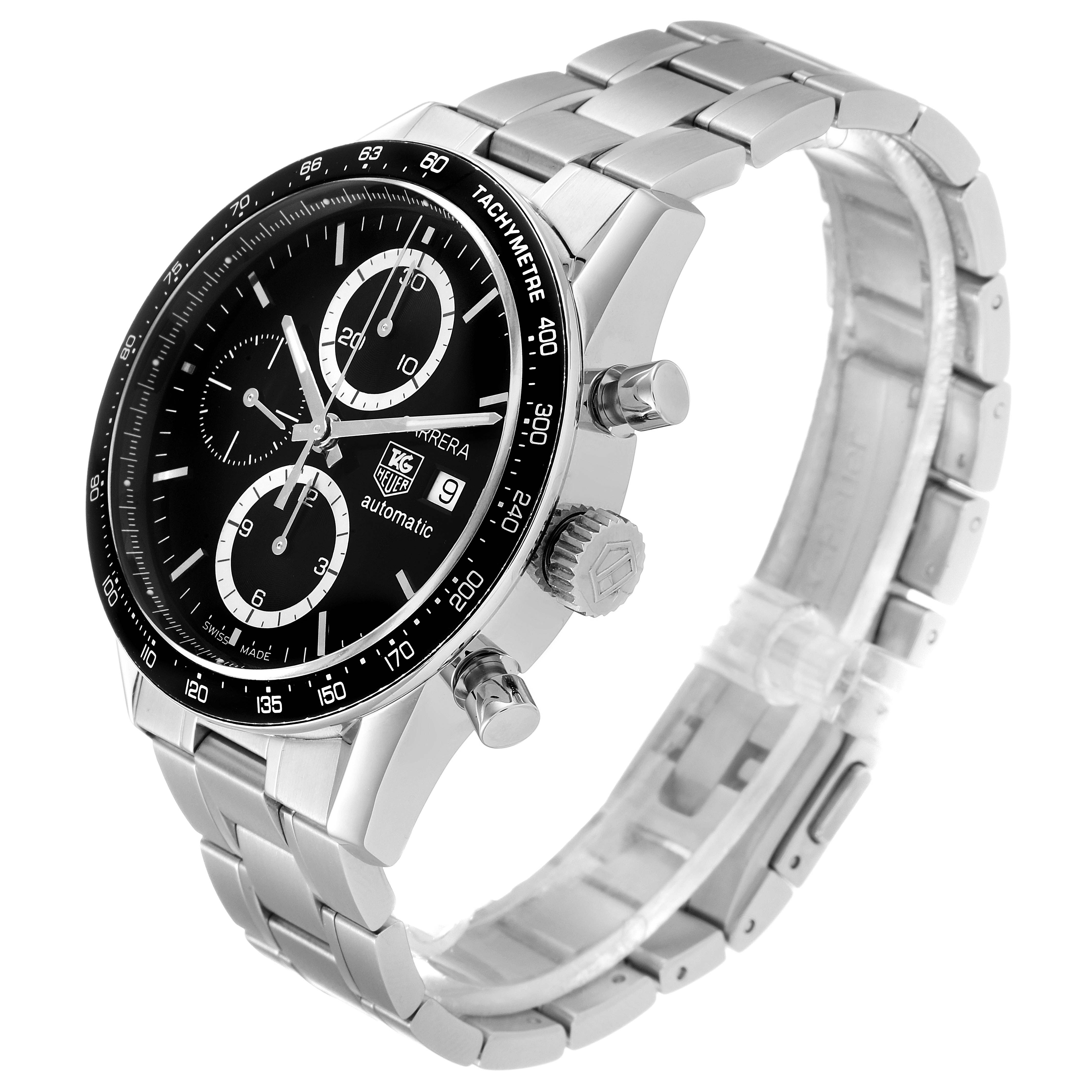 The image shows a side angle of a Tag Heuer Carrera CV2010 Men
s Stainless Steel Black Dial CV2010 Men
s Stainless Steel Black Dial watch, highlighting the dial, bezel, pushers, crown, and metal bracelet.