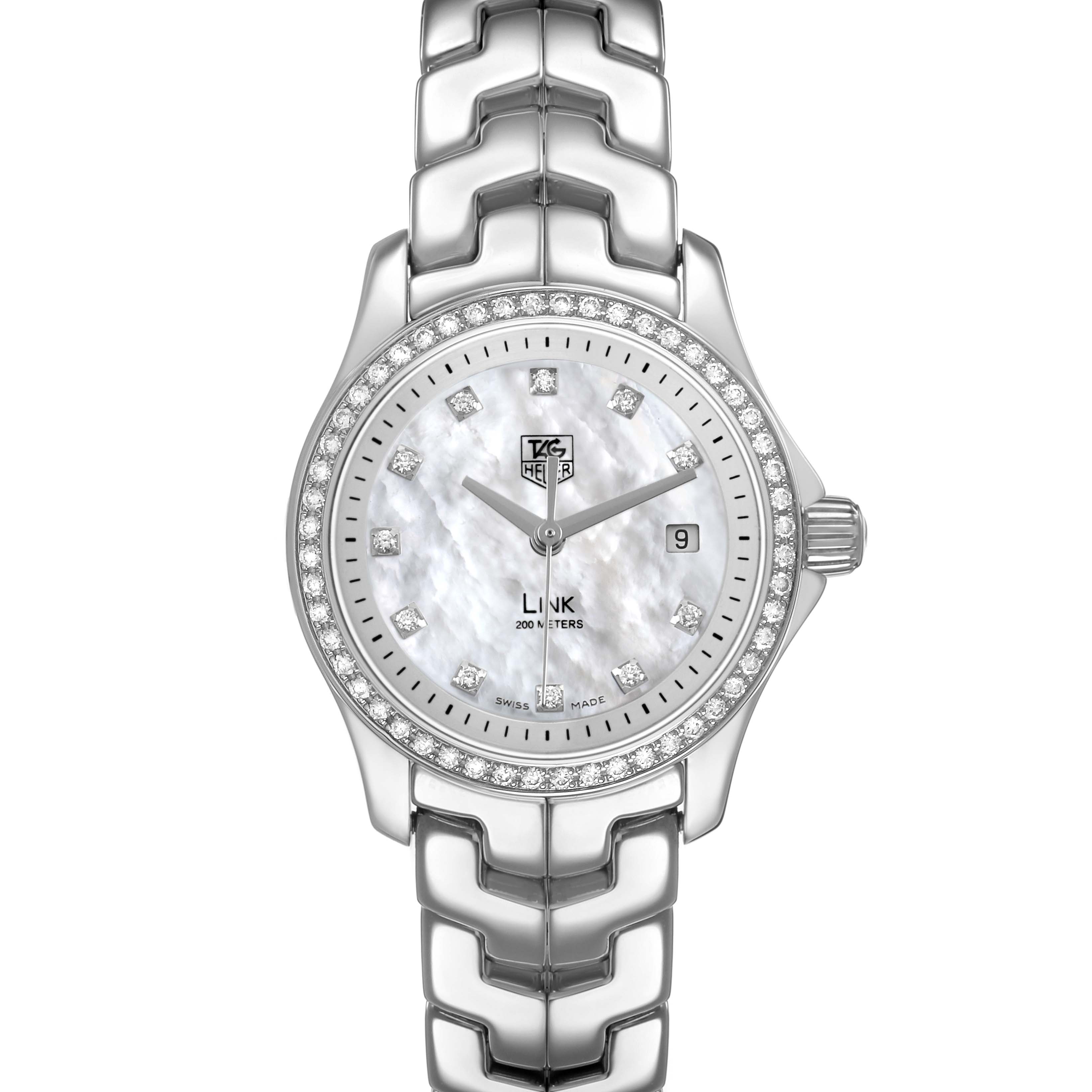 The watch is shown from a top view, displaying the Tag Heuer Link WJF1319.BA0572 Women's Stainless Steel Mother of Pearl Dial model's face, bezel, dial, and bracelet.