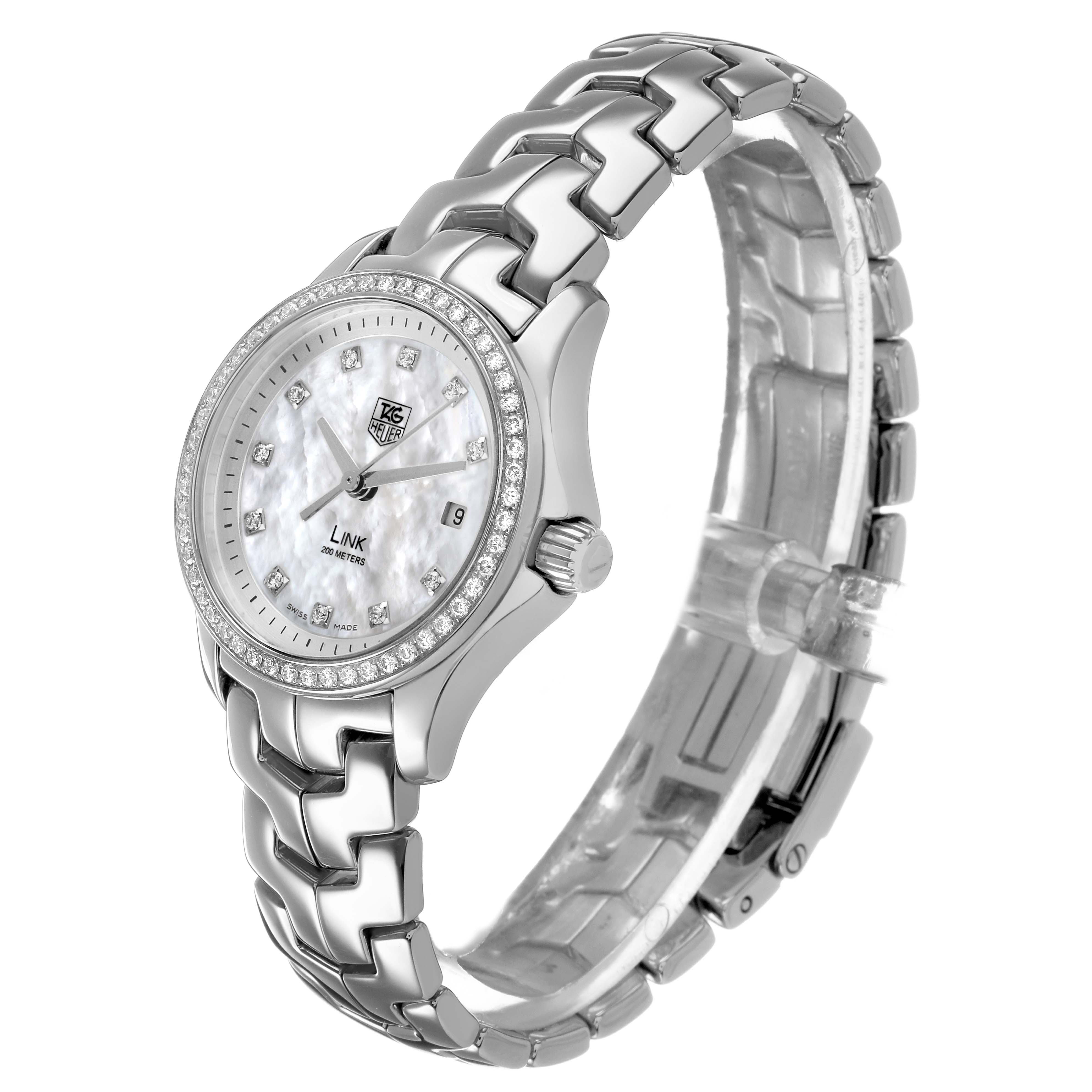 The Tag Heuer Link WJF1319.BA0572 Women's Stainless Steel Mother of Pearl Dial watch is shown at a 3/4 angle highlighting the bezel, dial, bracelet, and crown.