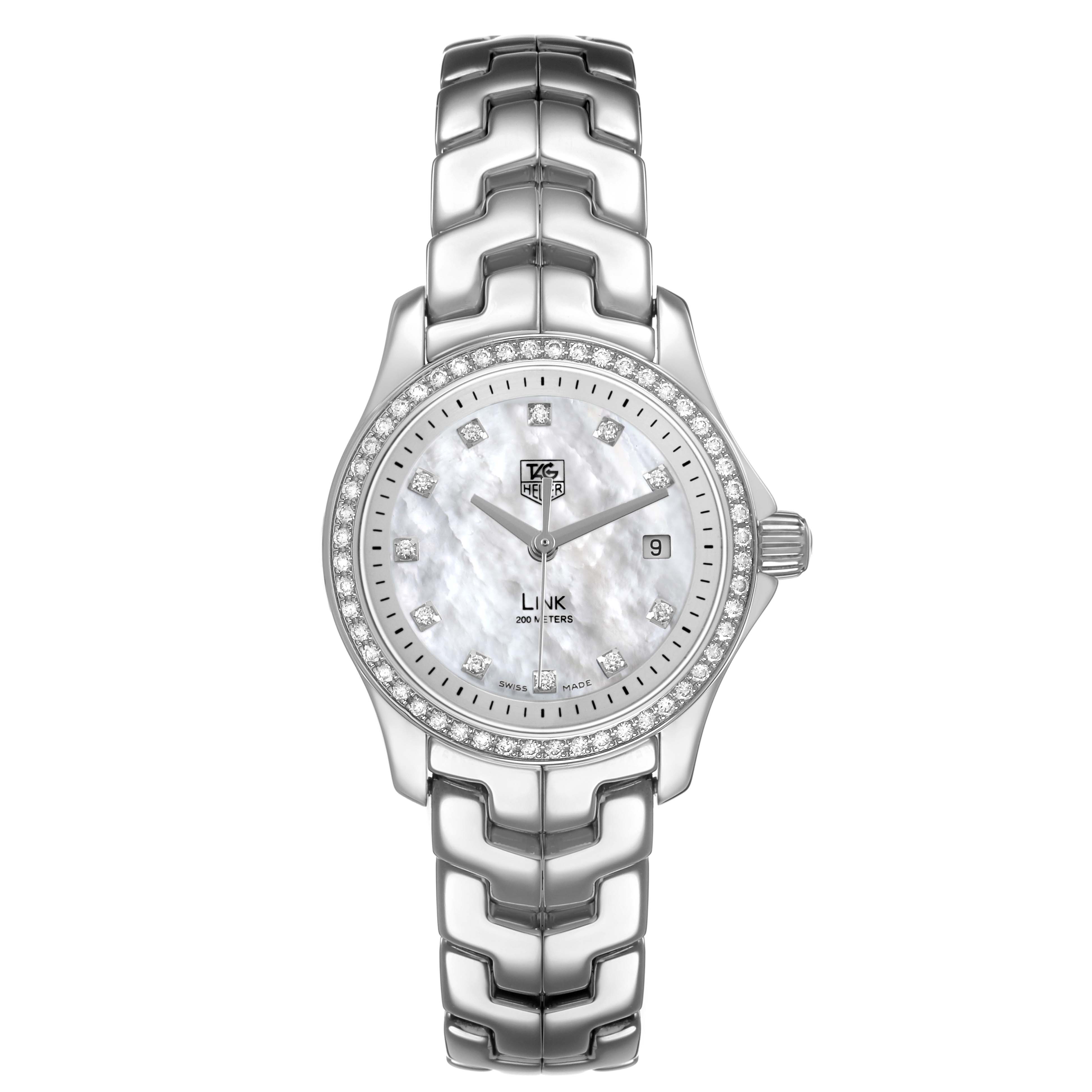 The image shows a frontal view of the Tag Heuer Link WJF1319.BA0572 Women's Stainless Steel Mother of Pearl Dial model, highlighting the bracelet, bezel, dial, and crown.