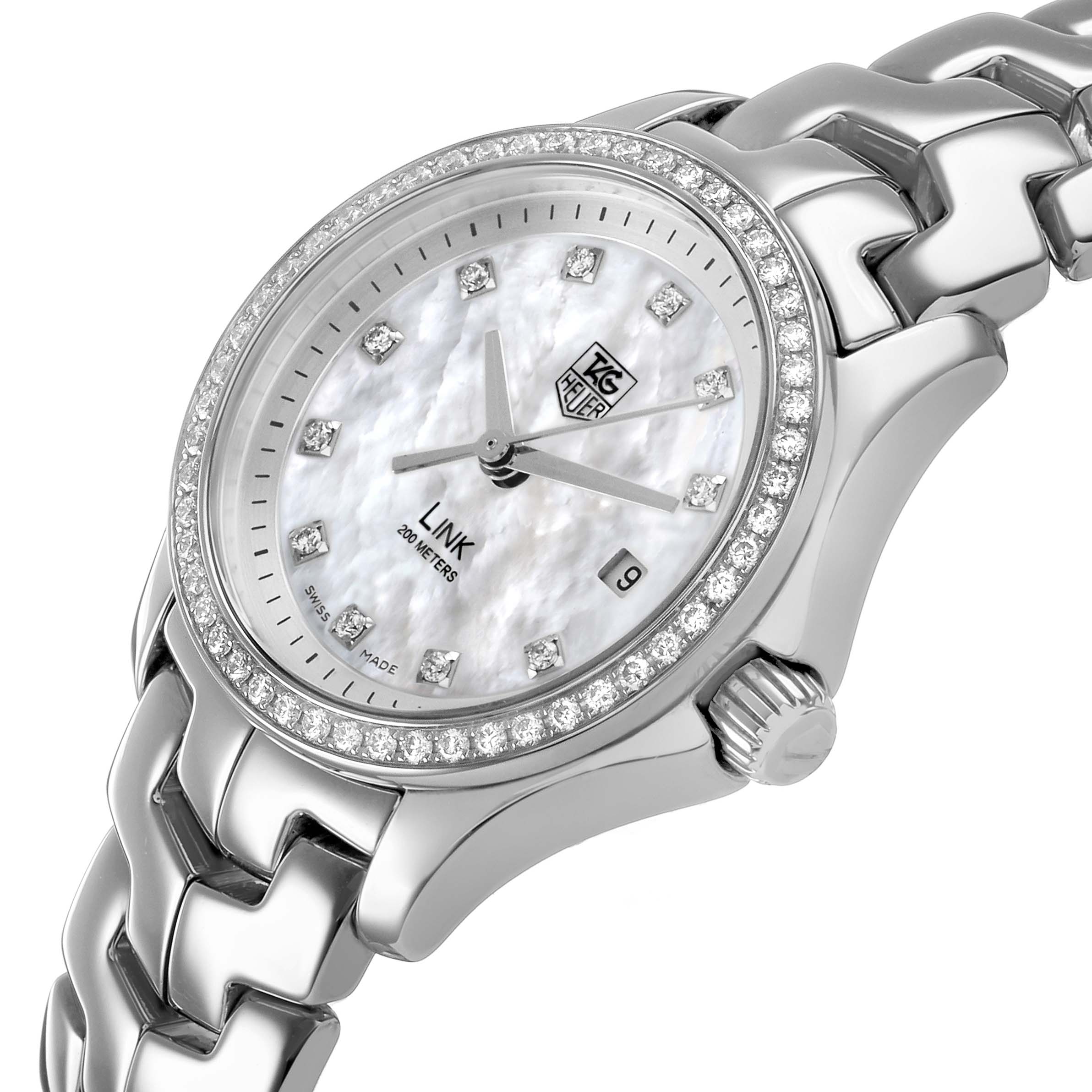 The Tag Heuer Link WJF1319.BA0572 Women's Stainless Steel Mother of Pearl Dial watch is shown from a three-quarter angle, highlighting the dial, bezel, case, crown, and part of the bracelet.