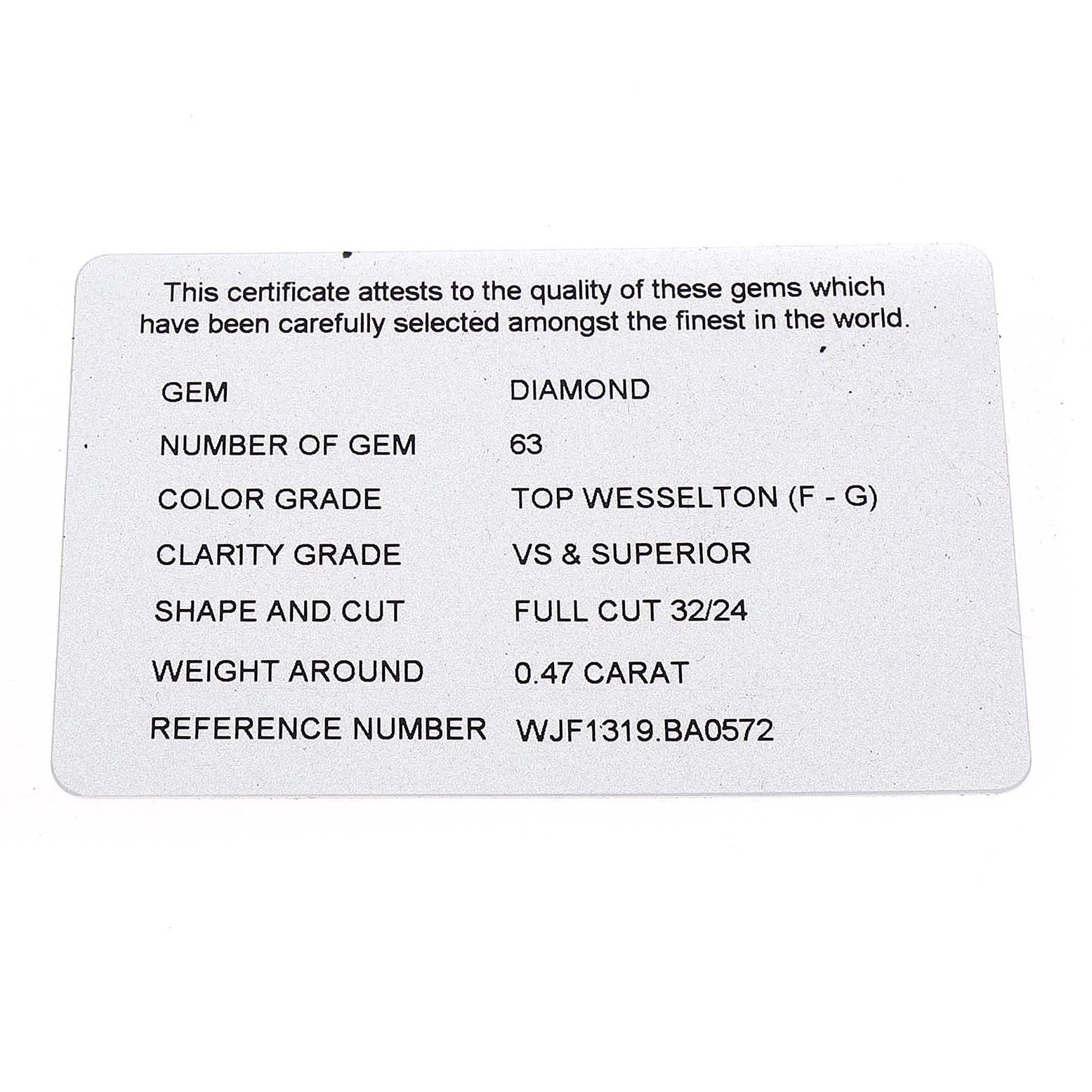 This image features a quality certificate for diamonds used in a Tag Heuer Link WJF1319.BA0572 Women's Stainless Steel Mother of Pearl Dial model watch.