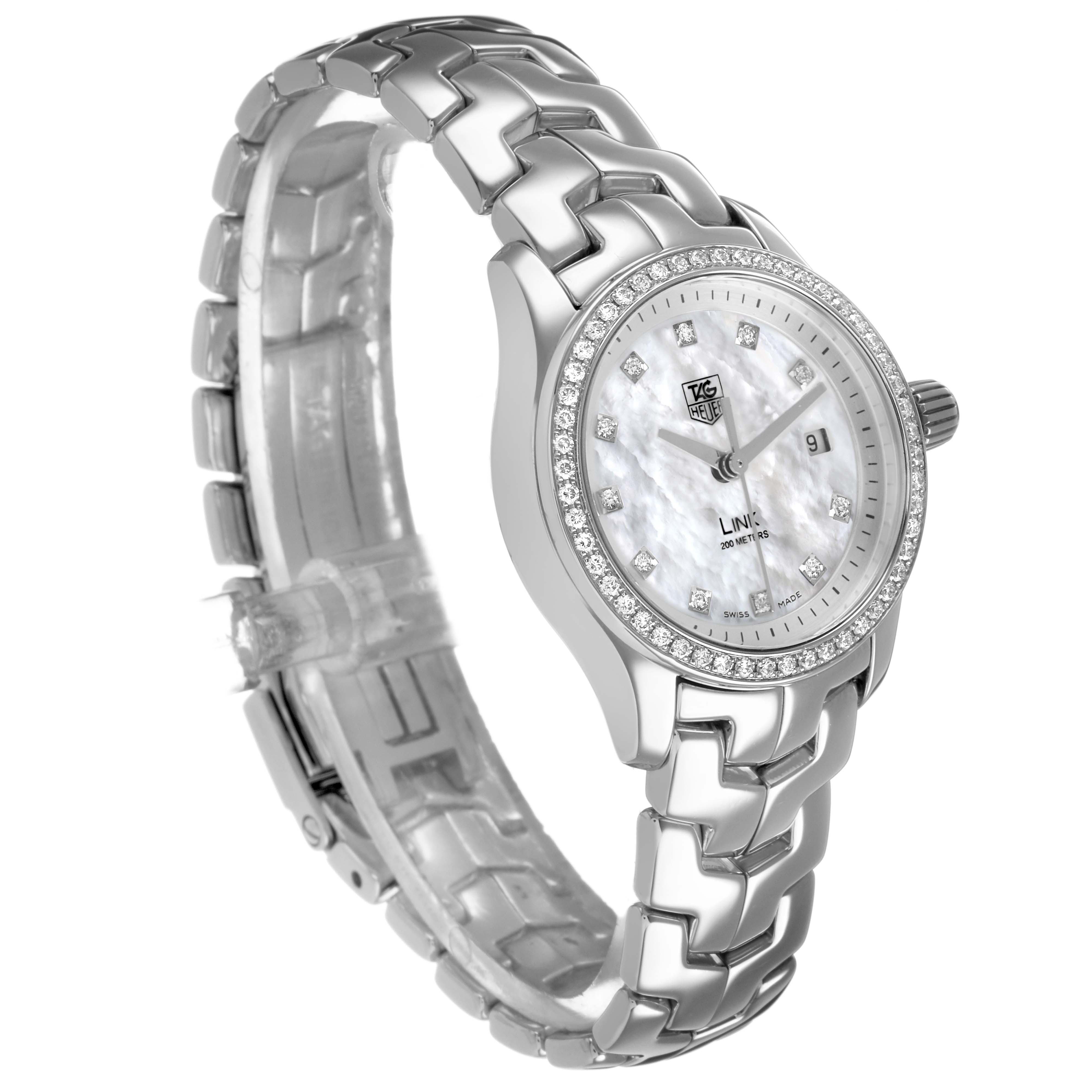 The Tag Heuer Link WJF1319.BA0572 Women's Stainless Steel Mother of Pearl Dial watch is shown from a side angle, highlighting its bracelet, case, and dial with diamond accents.