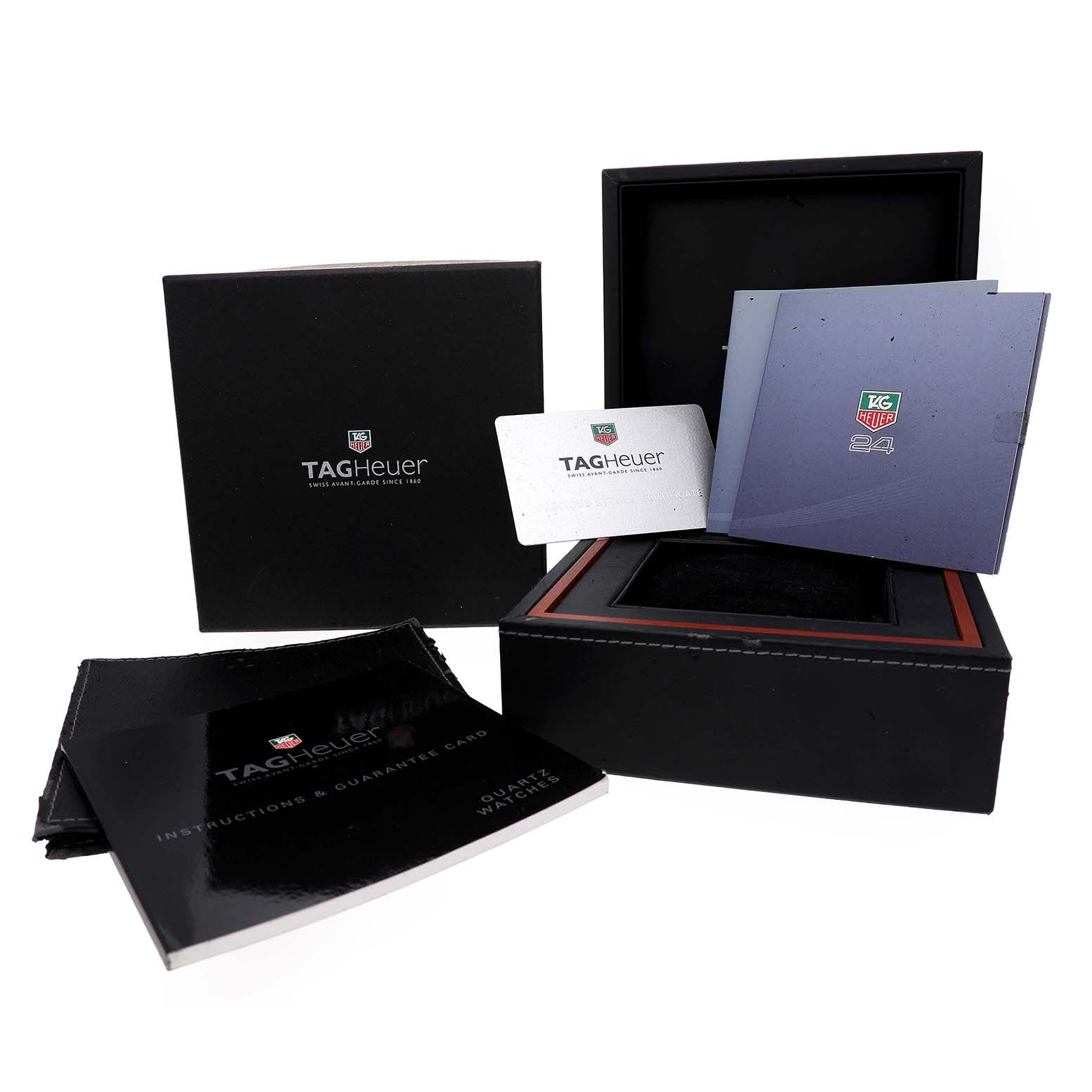 The image shows the Tag Heuer Link WJF1319.BA0572 Women's Stainless Steel Mother of Pearl Dial model packaging, manuals, and a warranty card.