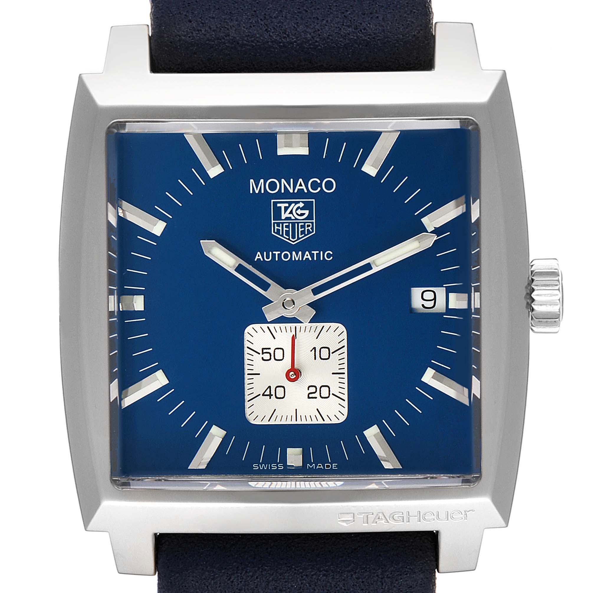 The image shows a front view of a Tag Heuer Monaco WW2111.FC6204 Men's Stainless Steel Blue Dial WW2111.FC6204 Men's Stainless Steel Blue Dial watch with a blue square dial and date display.