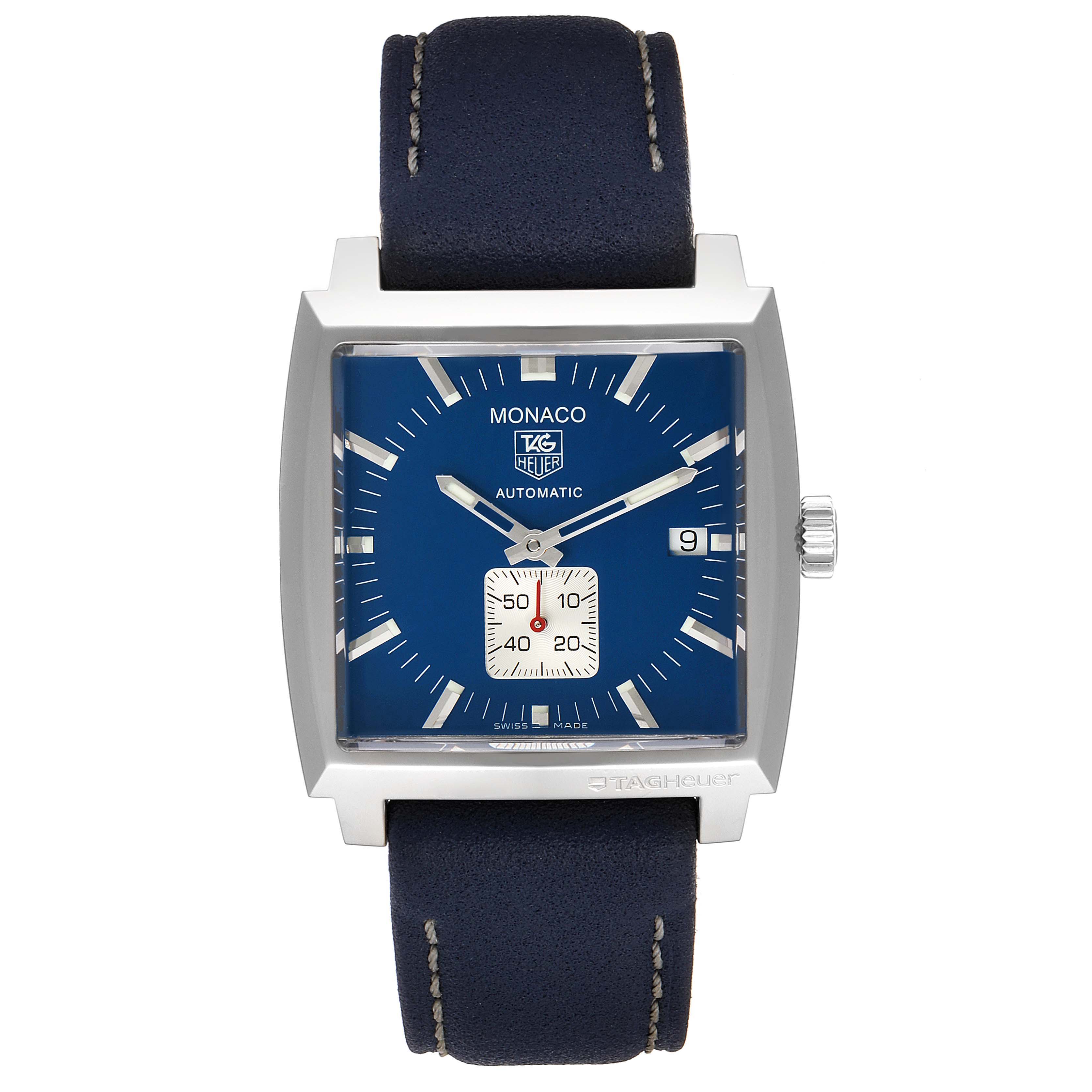 The image shows a front view of the Tag Heuer Monaco WW2111.FC6204 Men's Stainless Steel Blue Dial WW2111.FC6204 Men's Stainless Steel Blue Dial watch, featuring a blue square dial, date display, and blue leather strap.