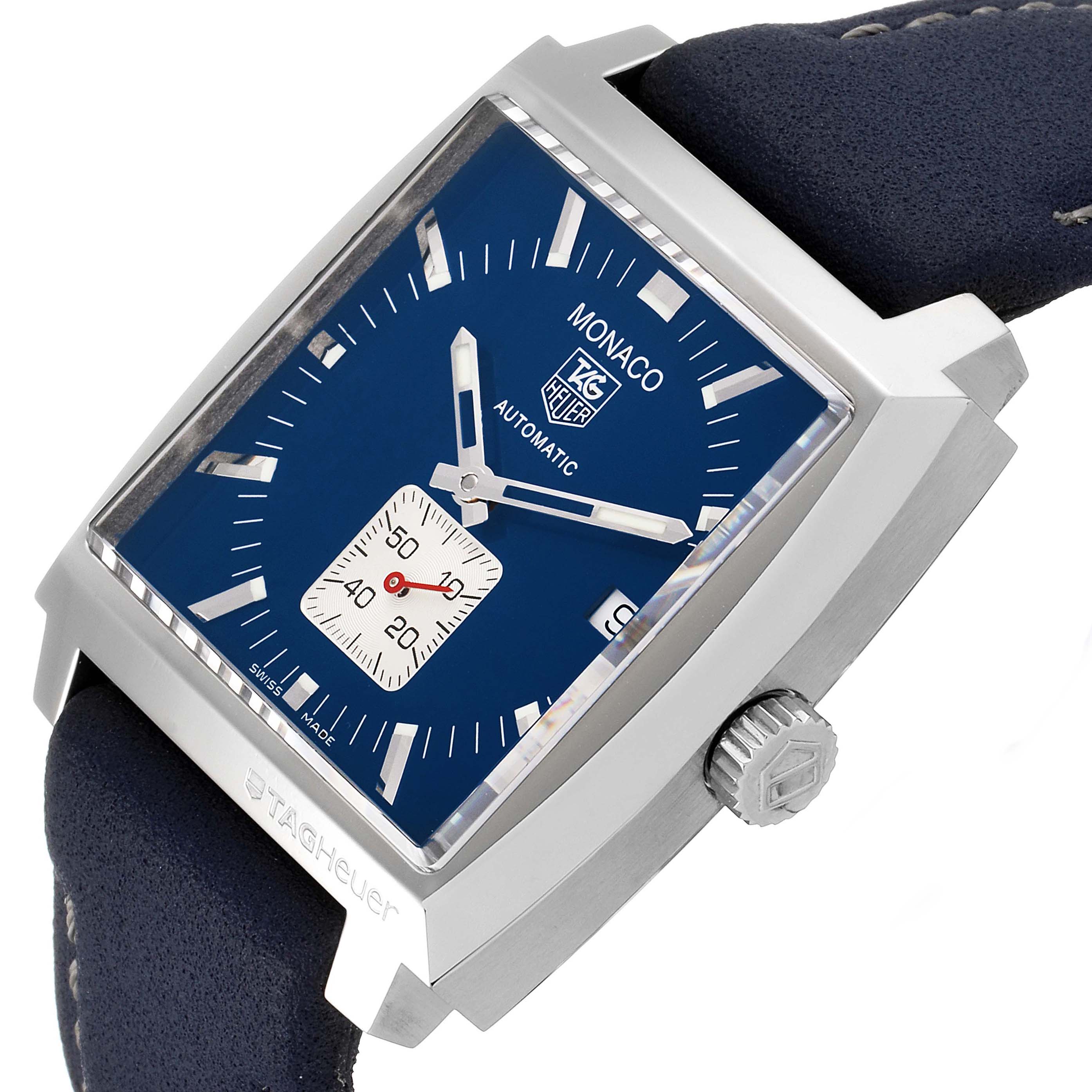 The image shows a Tag Heuer Monaco WW2111.FC6204 Men's Stainless Steel Blue Dial WW2111.FC6204 Men's Stainless Steel Blue Dial watch at an angled close-up, highlighting the dial, bezel, crown, and part of the strap.