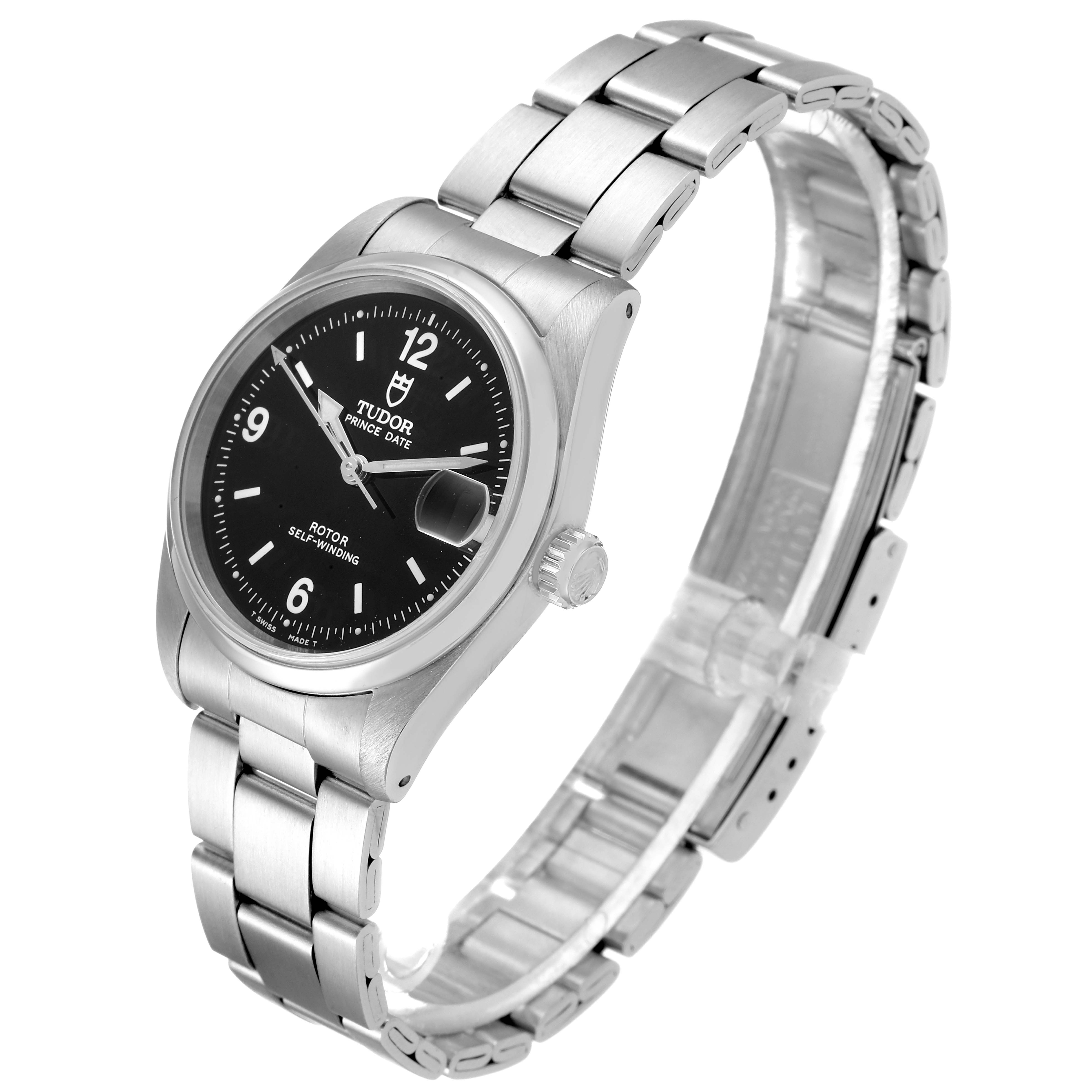 The image shows a Tudor Prince 72000 Men's Stainless Steel Black Dial 72000 Men's Stainless Steel Black Dial model watch from a 3/4 angle, highlighting the black dial, stainless steel case, and bracelet.