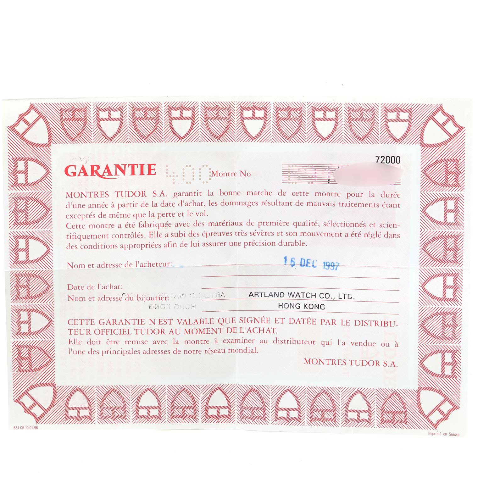 The image shows a warranty certificate for a Tudor Prince 72000 Men's Stainless Steel Black Dial 72000 Men's Stainless Steel Black Dial model watch.