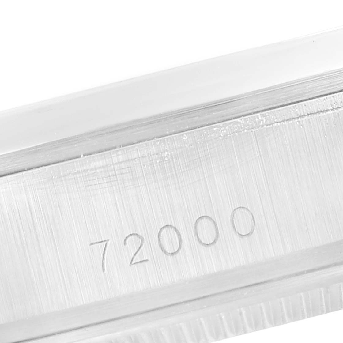 The image shows a close-up side view of the case of a Tudor Prince 72000 Men's Stainless Steel Black Dial 72000 Men's Stainless Steel Black Dial model watch with the number 72000 engraved.