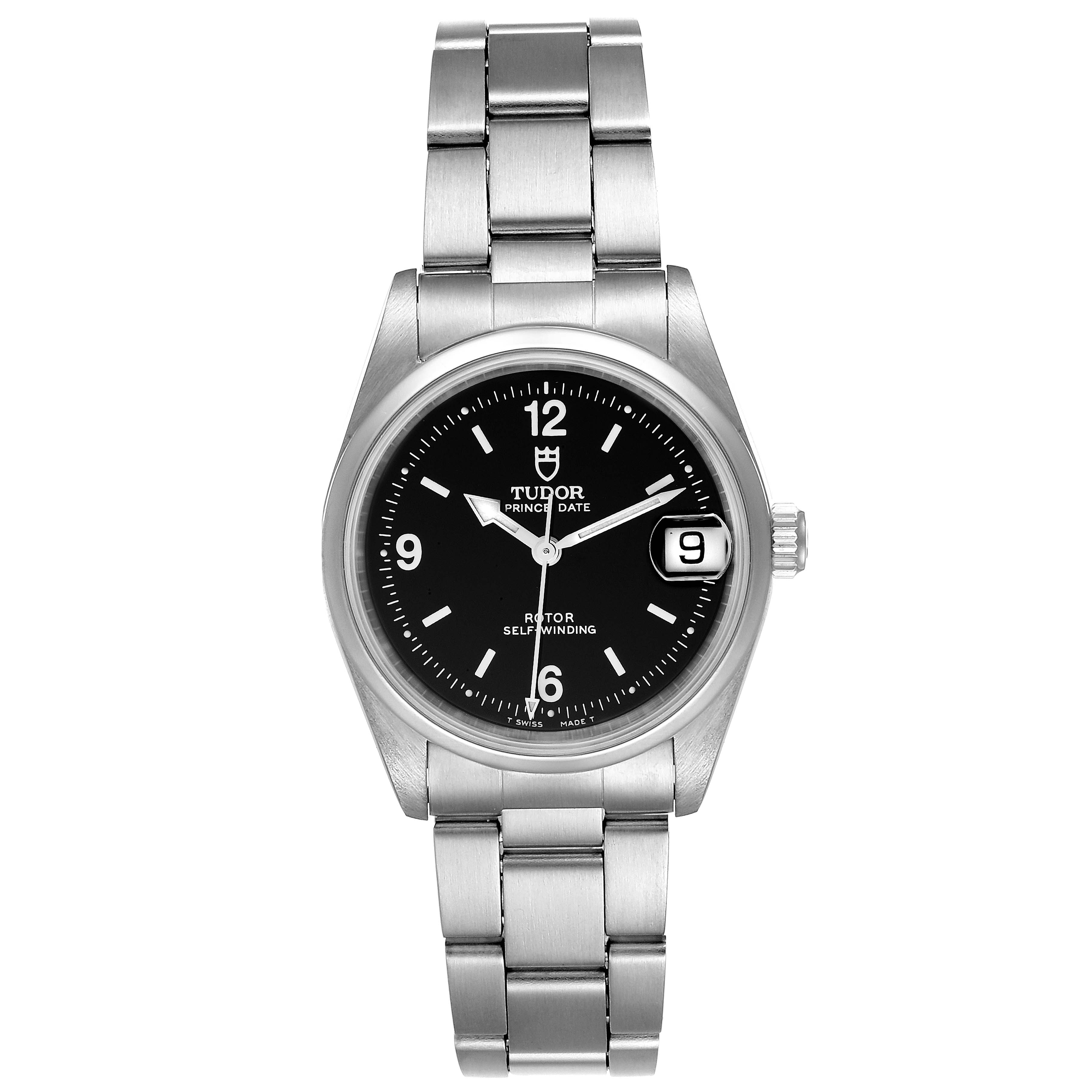 The image shows a front view of a Tudor Prince 72000 Men's Stainless Steel Black Dial 72000 Men's Stainless Steel Black Dial Date model watch displaying its dial, case, and bracelet.