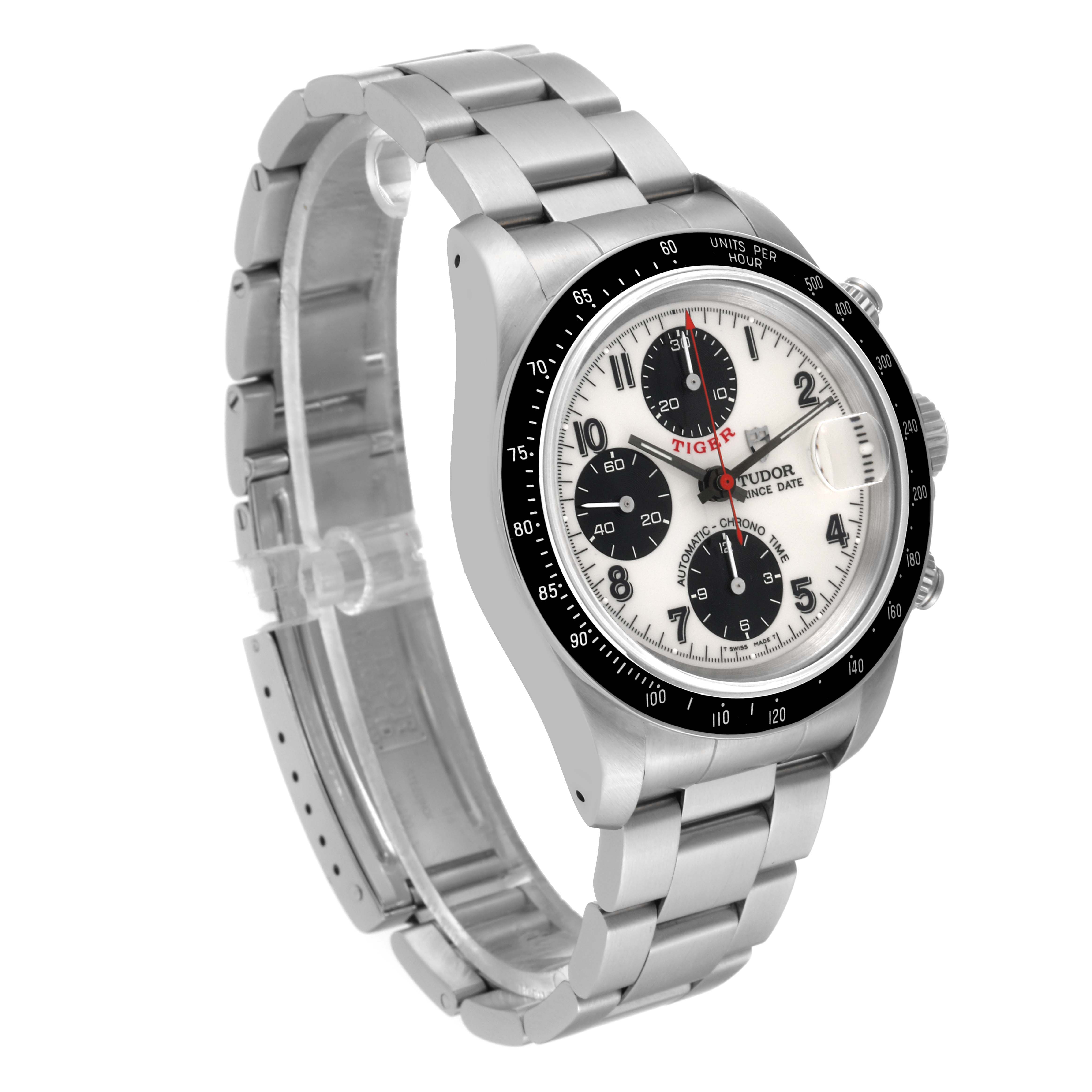 This image shows a front and left-side angled view of the Tudor Tiger 79260 Men's Stainless Steel White Dial 79260 Men's Stainless Steel White Dial model watch, featuring its dial, bezel, and stainless steel bracelet.