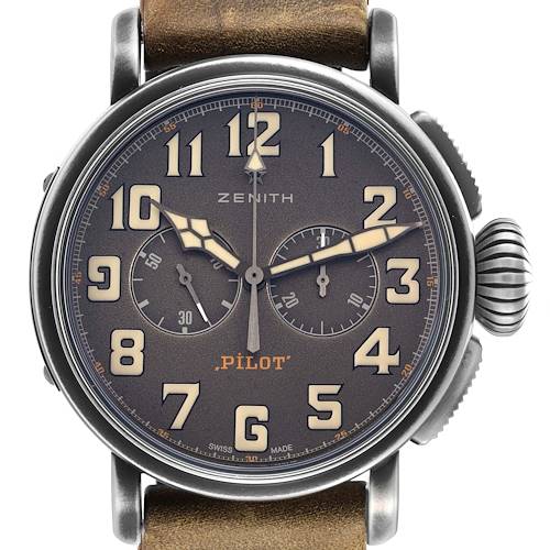 The Zenith Pilot 11.2430.4069 Men's Stainless Steel Grey Dial watch is shown from a front angle, highlighting its face, numerals, hands, subdials, and crown.