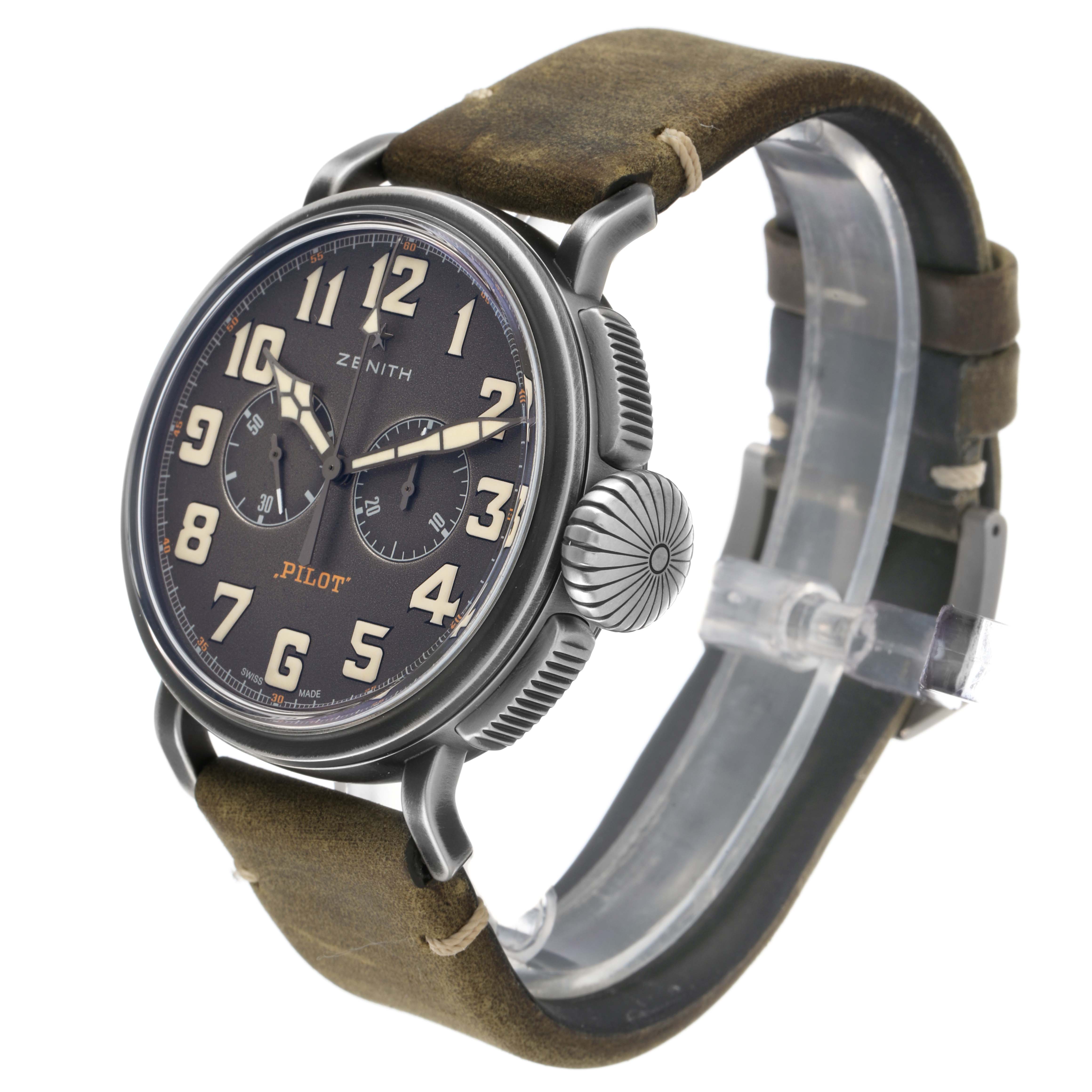 The Zenith Pilot 11.2430.4069 Men's Stainless Steel Grey Dial watch is shown at an oblique angle, highlighting the dial, hands, large numerals, and textured crown.