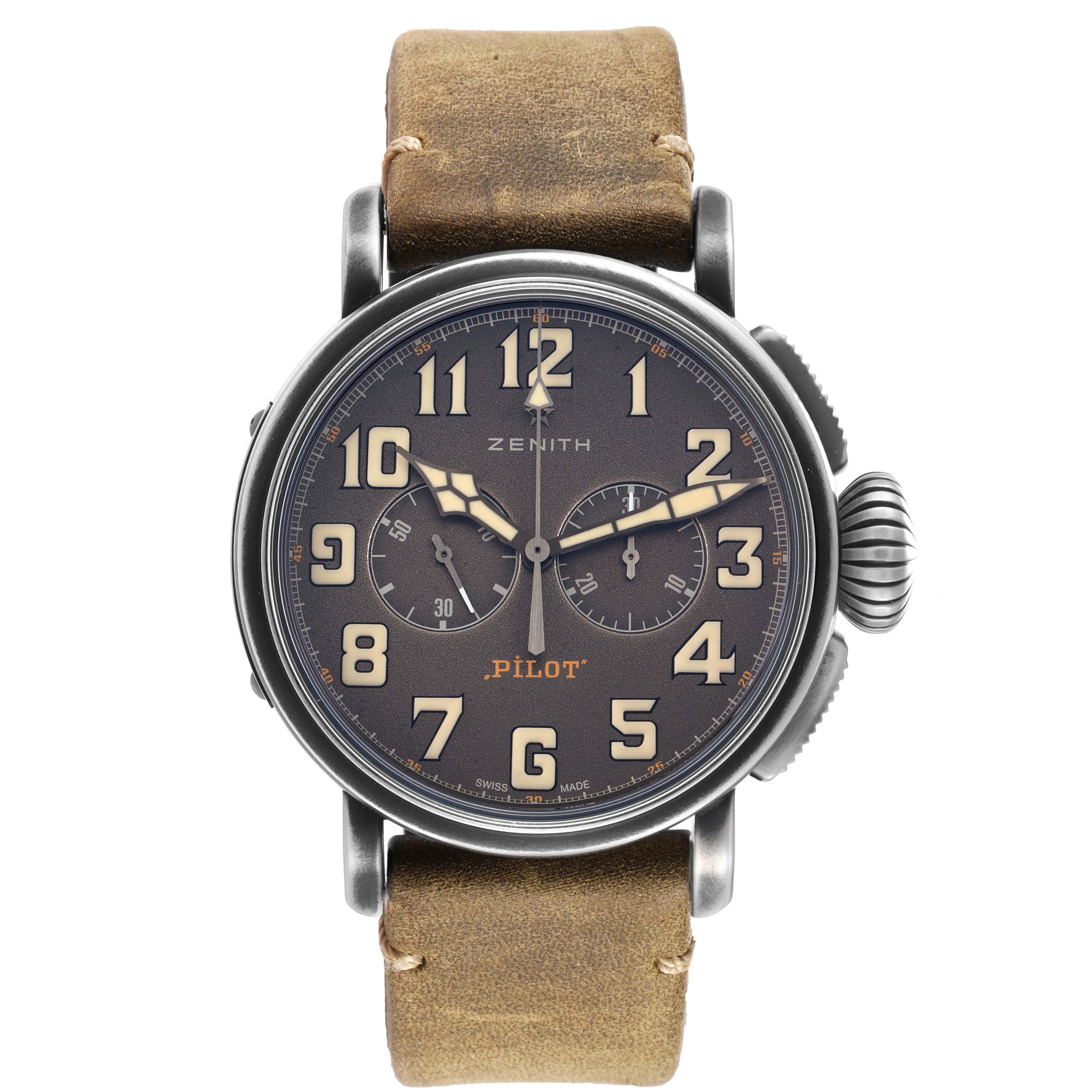 The Zenith Pilot 11.2430.4069 Men's Stainless Steel Grey Dial watch is shown from the front, displaying its dial, numerals, and brown leather strap.