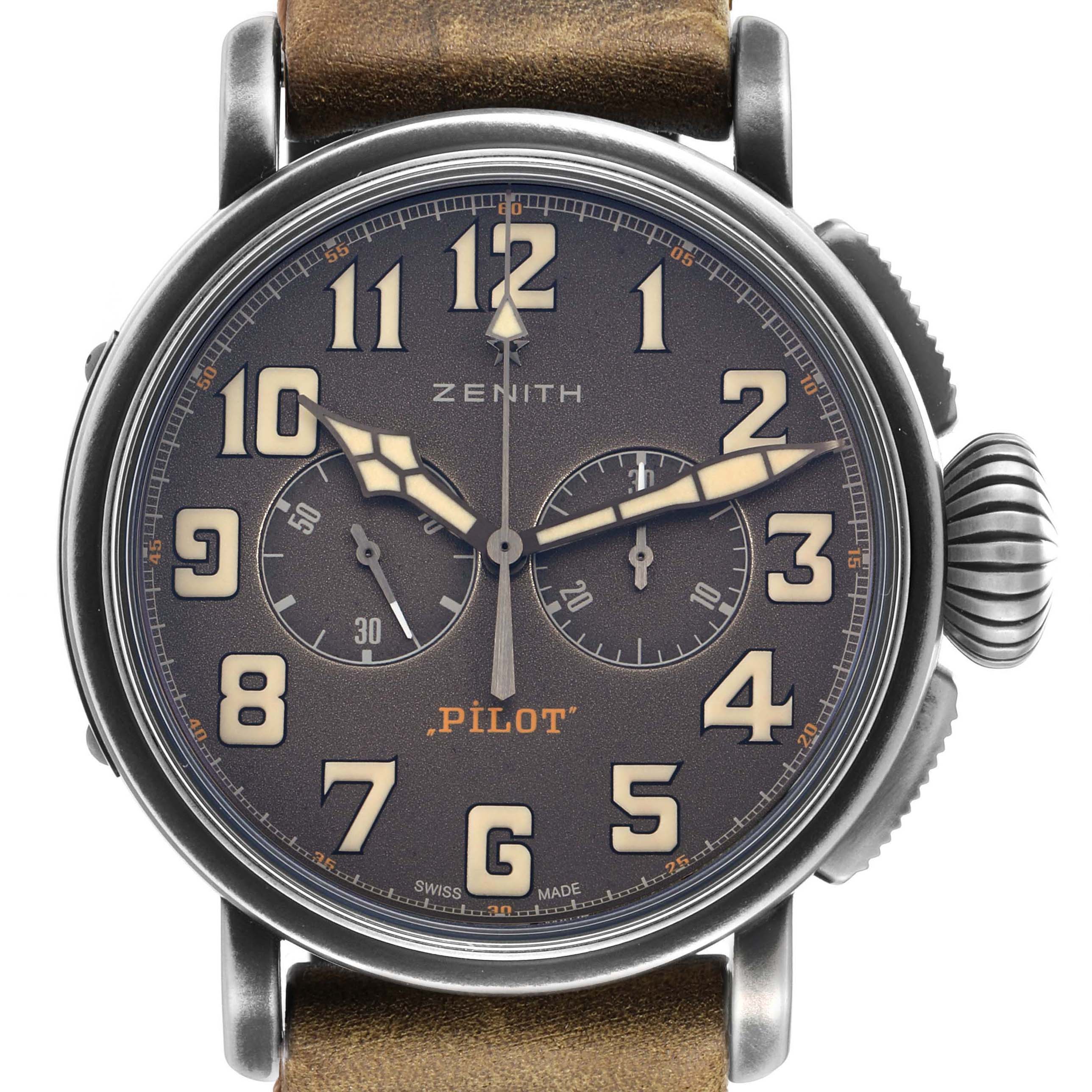 The Zenith Pilot 11.2430.4069 Men's Stainless Steel Grey Dial watch is shown from a front angle, displaying the dial, hands, numerals, and crown.