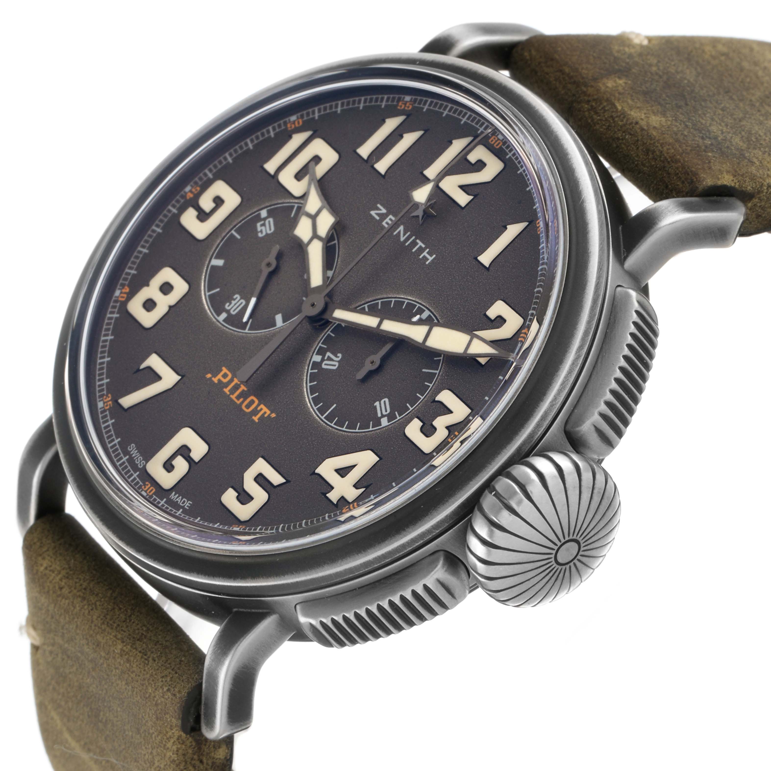 The Zenith Pilot 11.2430.4069 Men's Stainless Steel Grey Dial watch is shown from a side angle, highlighting the dial, crown, and part of the strap.
