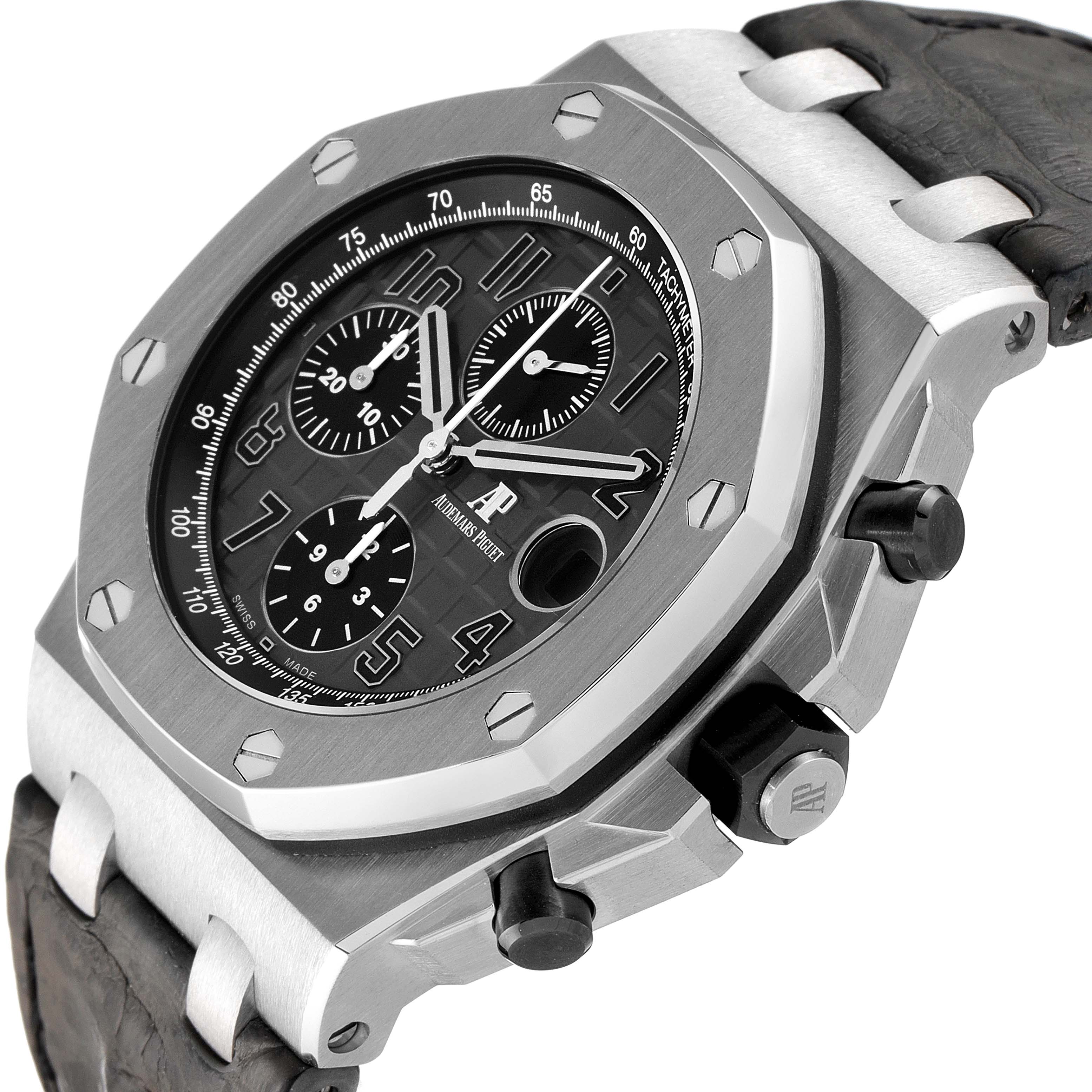 The image shows a close-up of the dial, bezel, and chronograph pushers of a Royal Oak Offshore watch by Audemars Piguet.