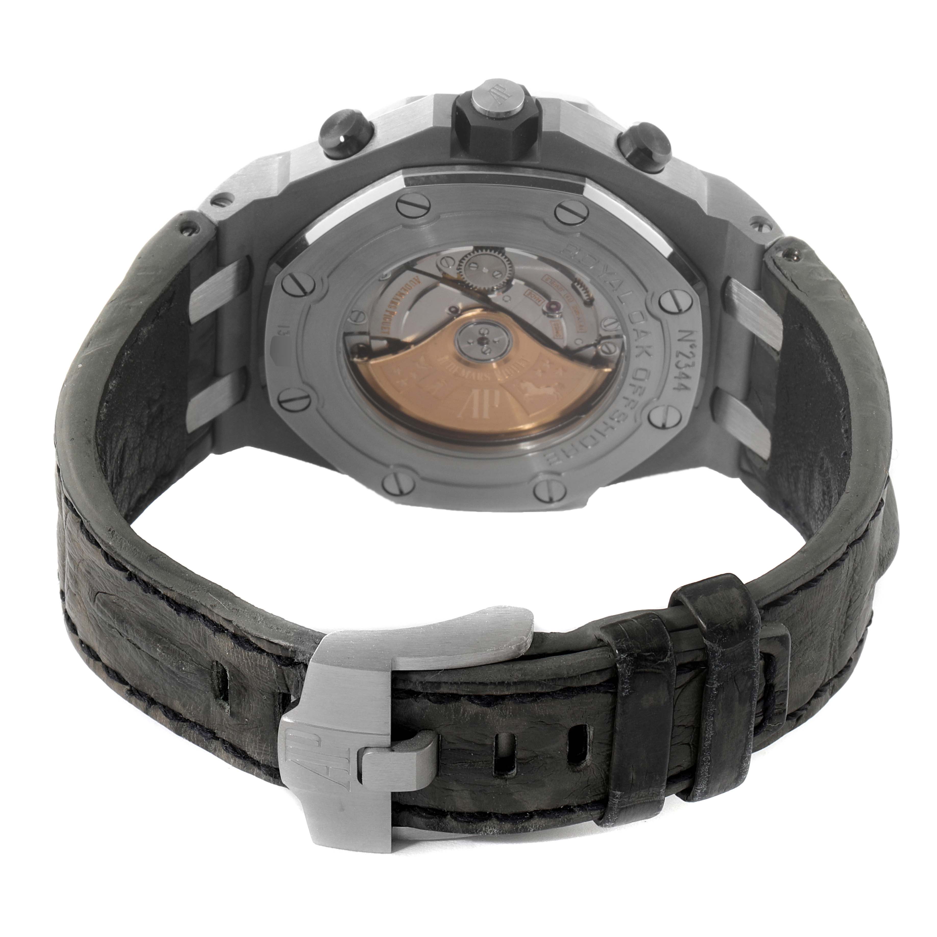 This image shows the back view of the Audemars Piguet Royal Oak Offshore 26470ST.OO.A104CR.01 Men's Stainless Steel Grey Dial 26470ST.OO.A104CR.01 Men's Stainless Steel Grey Dial watch, highlighting the caseback and strap.