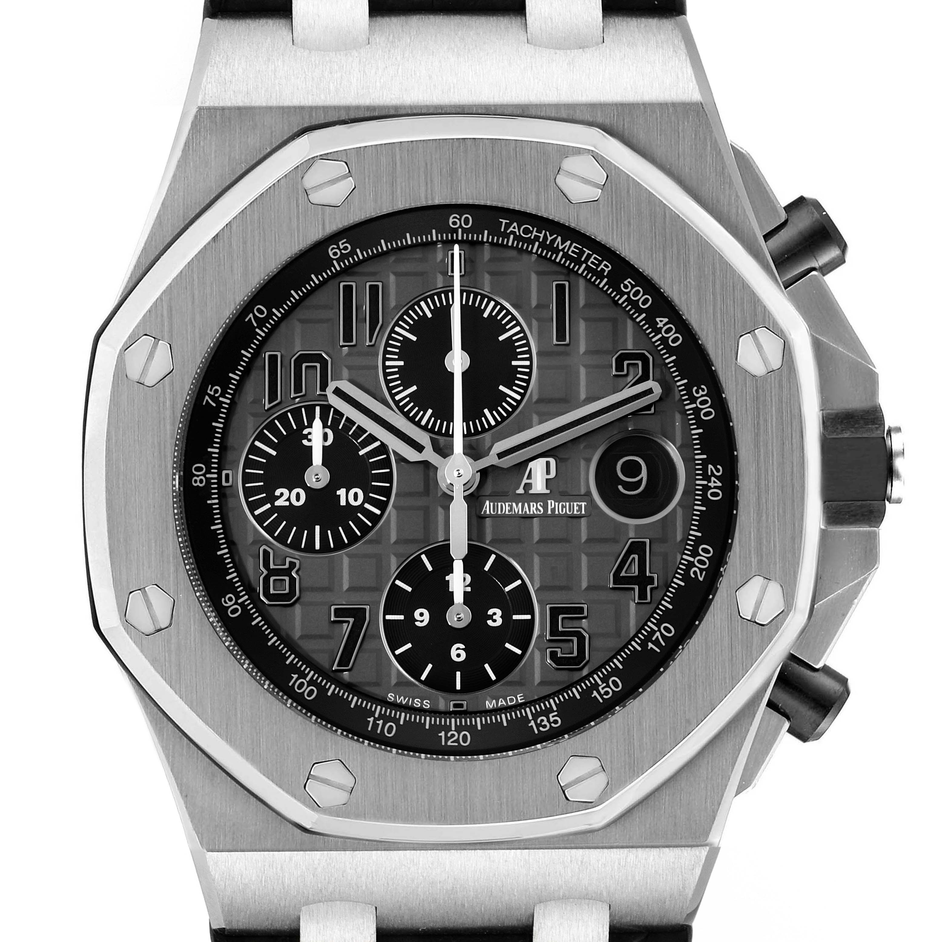 The image shows a front view of an Audemars Piguet Royal Oak Offshore 26470ST.OO.A104CR.01 Men's Stainless Steel Grey Dial 26470ST.OO.A104CR.01 Men's Stainless Steel Grey Dial watch, highlighting its octagonal bezel, chronograph sub-dials, and tachymeter.