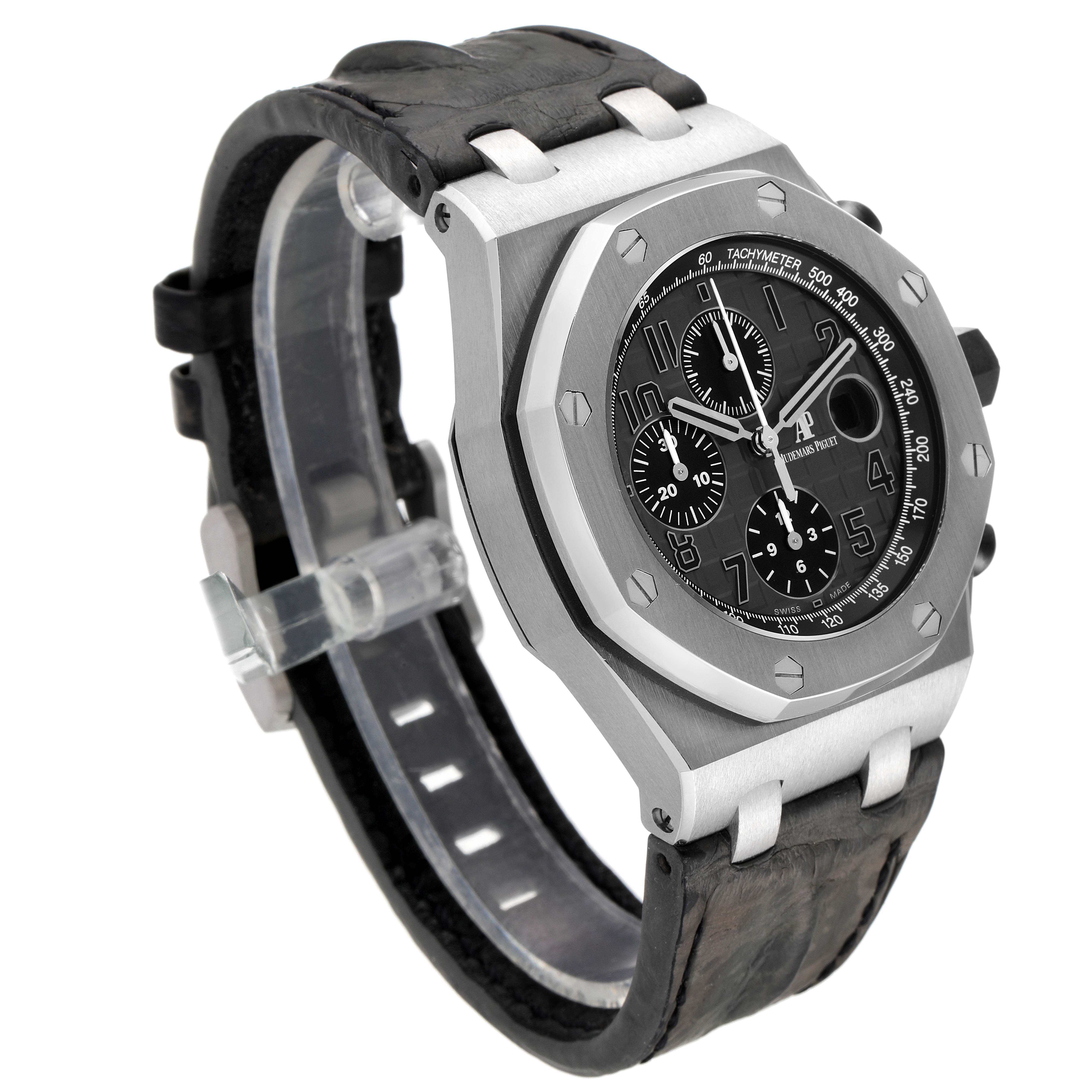 The image shows a side-angle view of the Audemars Piguet Royal Oak Offshore 26470ST.OO.A104CR.01 Men's Stainless Steel Grey Dial 26470ST.OO.A104CR.01 Men's Stainless Steel Grey Dial watch, highlighting the dial, bezel, and part of the strap.