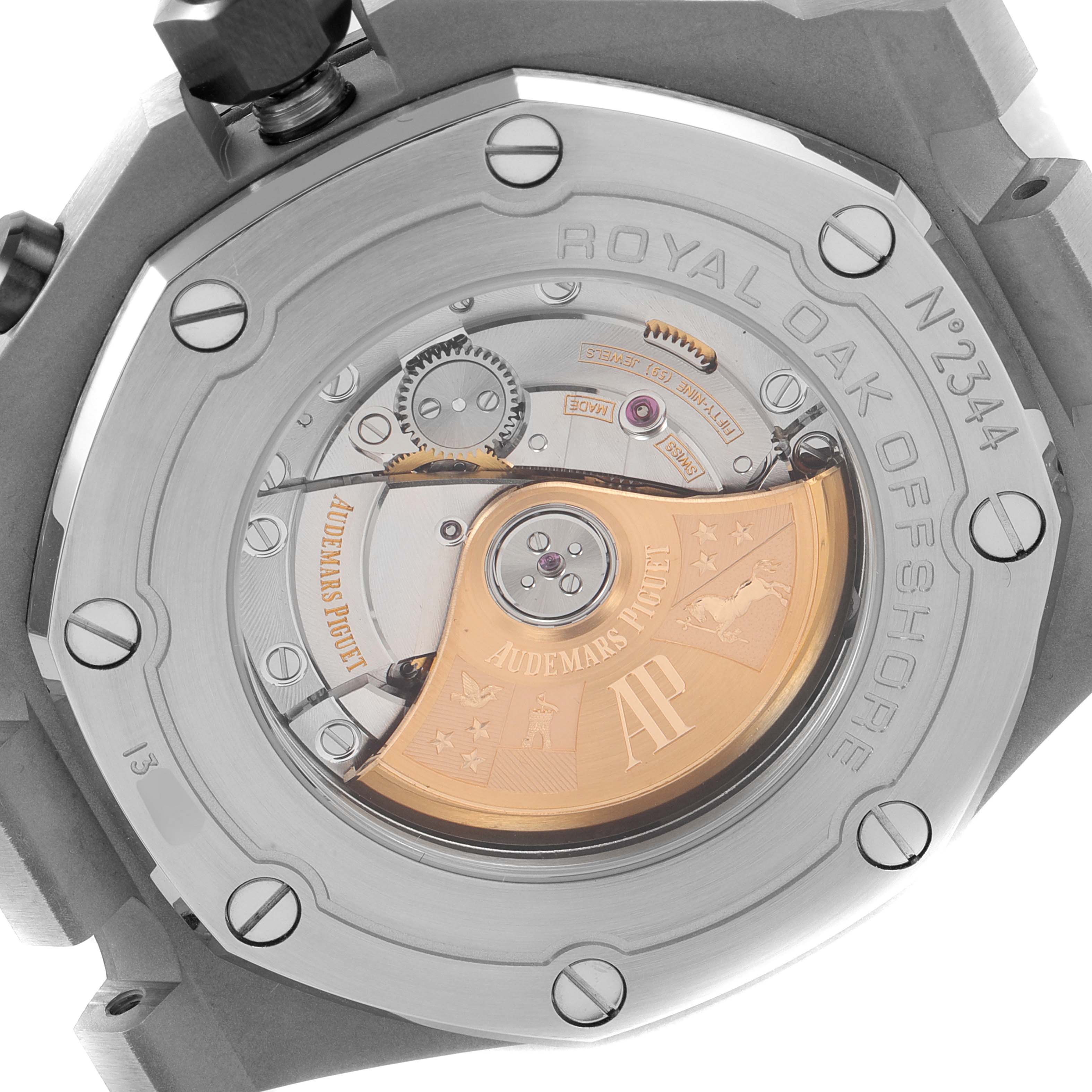 The image shows the back case of an Audemars Piguet Royal Oak Offshore 26470ST.OO.A104CR.01 Men's Stainless Steel Grey Dial 26470ST.OO.A104CR.01 Men's Stainless Steel Grey Dial model, highlighting its intricate movement.