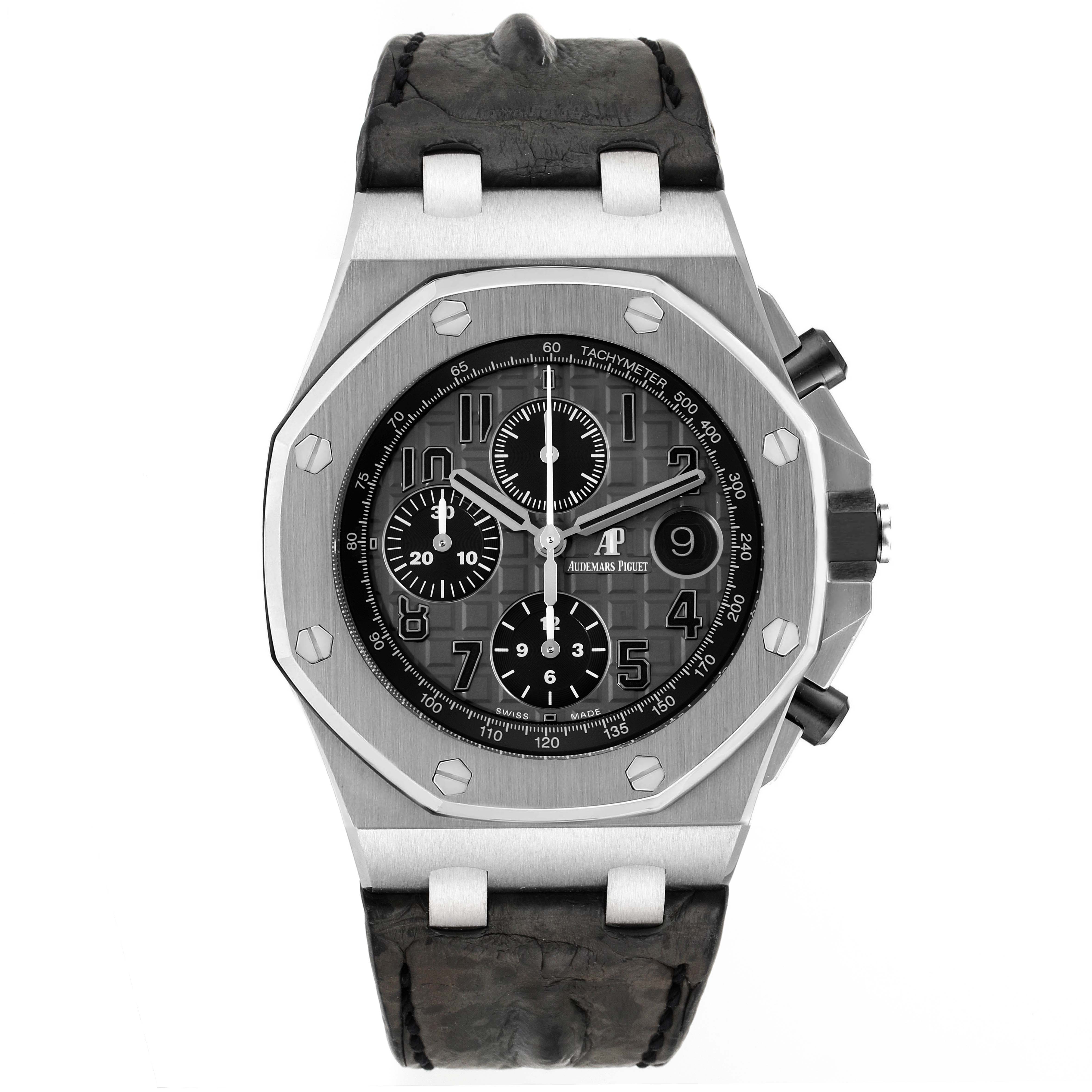 The image shows a front view of the Audemars Piguet Royal Oak Offshore 26470ST.OO.A104CR.01 Men's Stainless Steel Grey Dial 26470ST.OO.A104CR.01 Men's Stainless Steel Grey Dial watch, highlighting its dial, bezel, strap, and pushers.