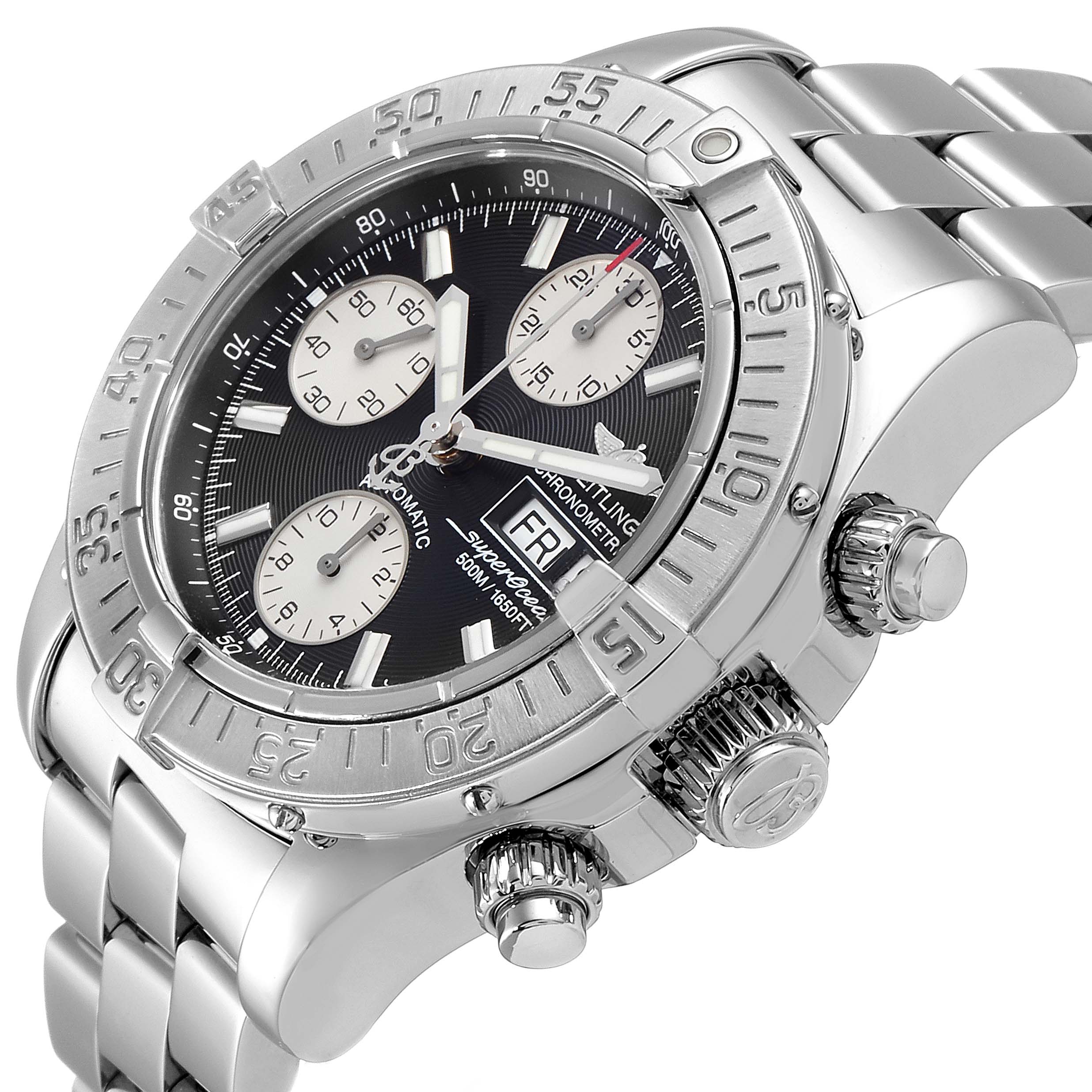 The Breitling Superocean A13340 Men's Stainless Steel Black Dial A13340 Men's Stainless Steel Black Dial watch is shown at an angled close-up, highlighting its dial, bezel, and stainless steel bracelet.