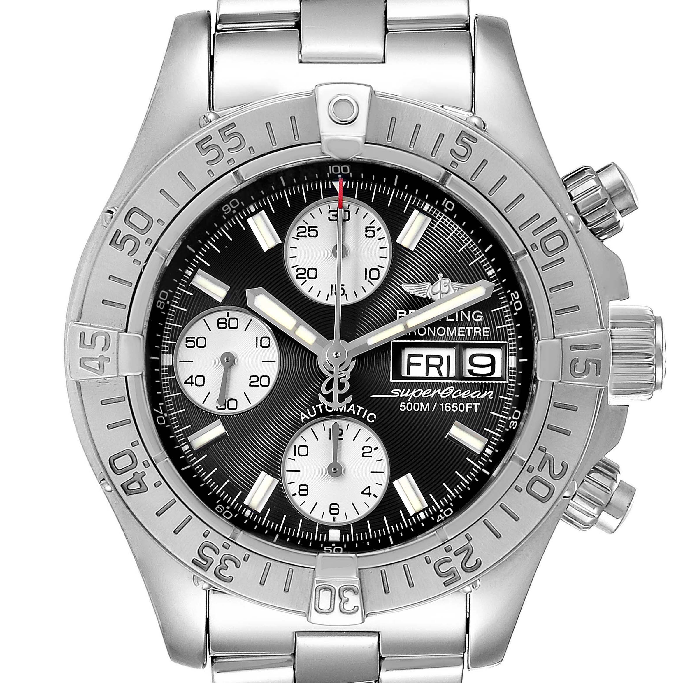 The image shows a straight-on view of the dial and bezel of a Breitling Superocean A13340 Men's Stainless Steel Black Dial A13340 Men's Stainless Steel Black Dial watch, highlighting the chronograph functions and bracelet.
